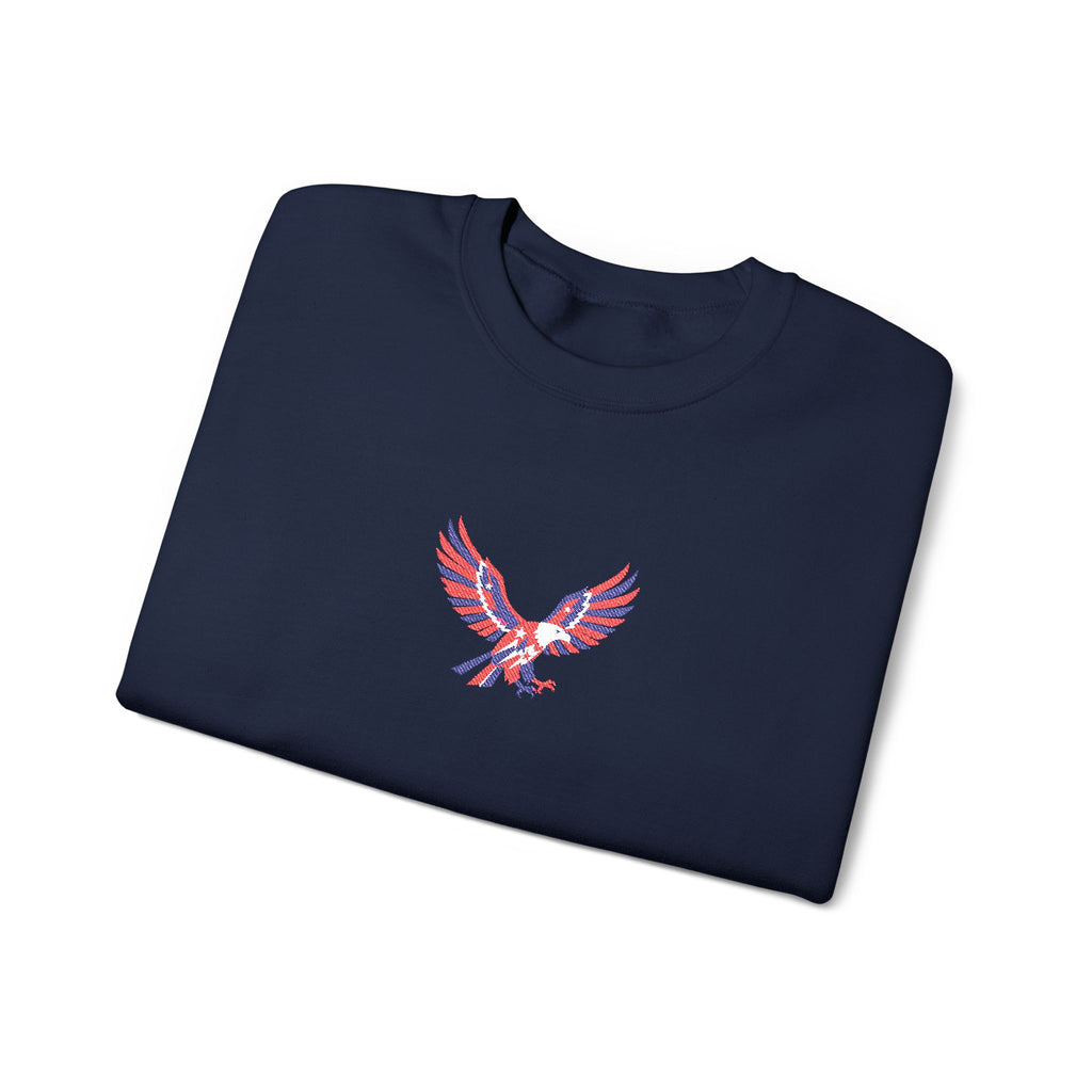 Folded navy blue shirt with a red and white eagle design on a white background