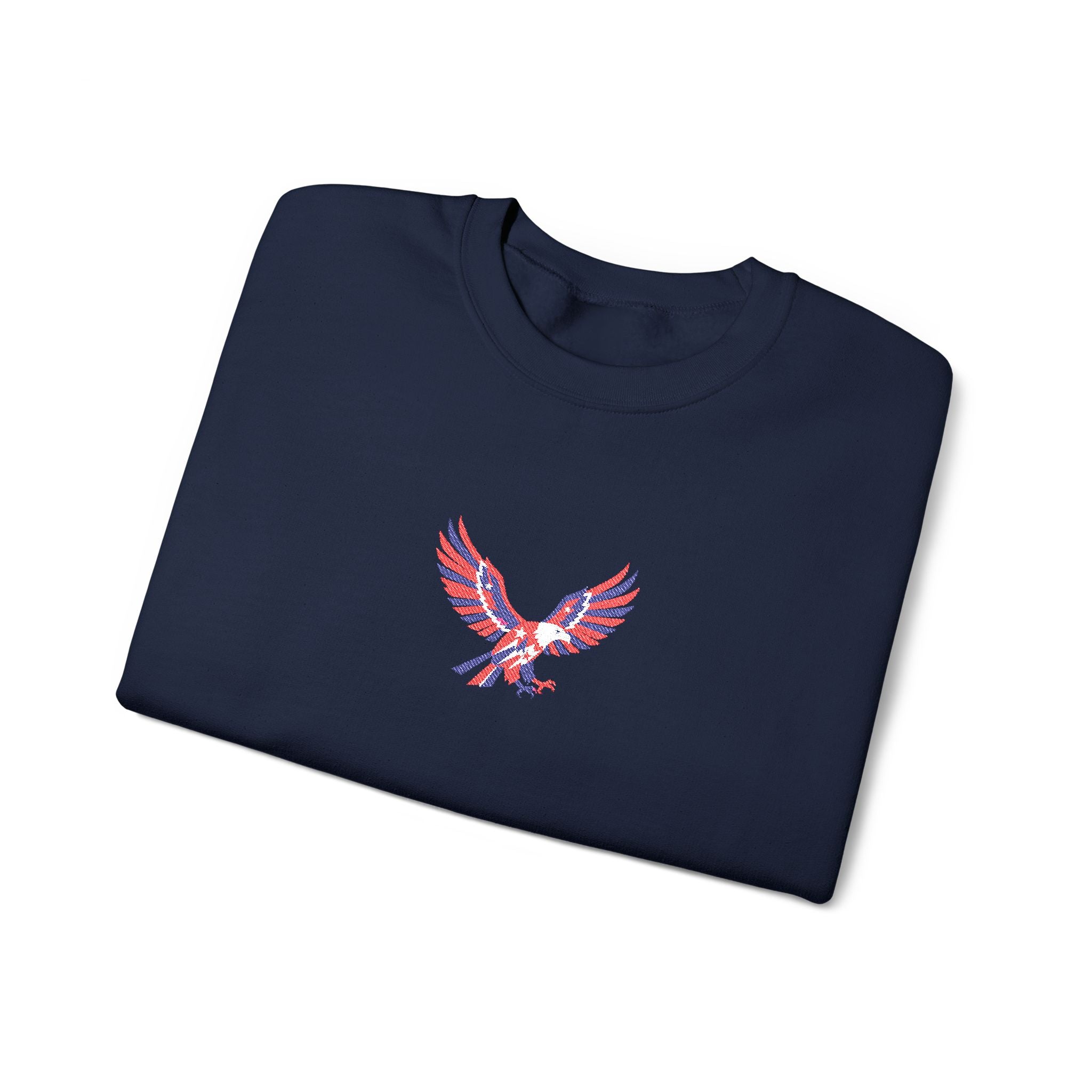 Folded navy blue shirt with a red and white eagle design on a white background