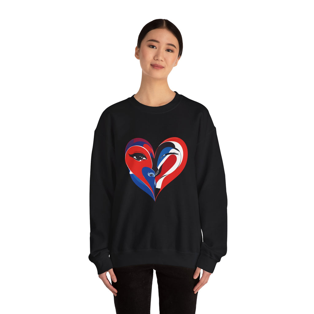 Heart Face Crewneck Sweatshirt Abstract Red & Blue Love Graphic