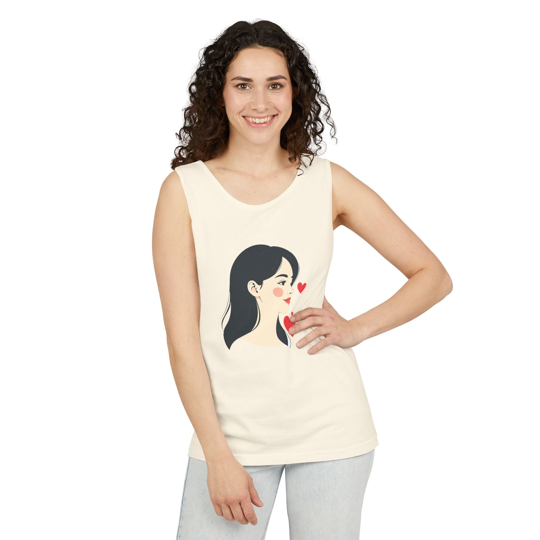 Kawaii Girl Portrait Tank Top Cute Heart Illustration Graphic Tank