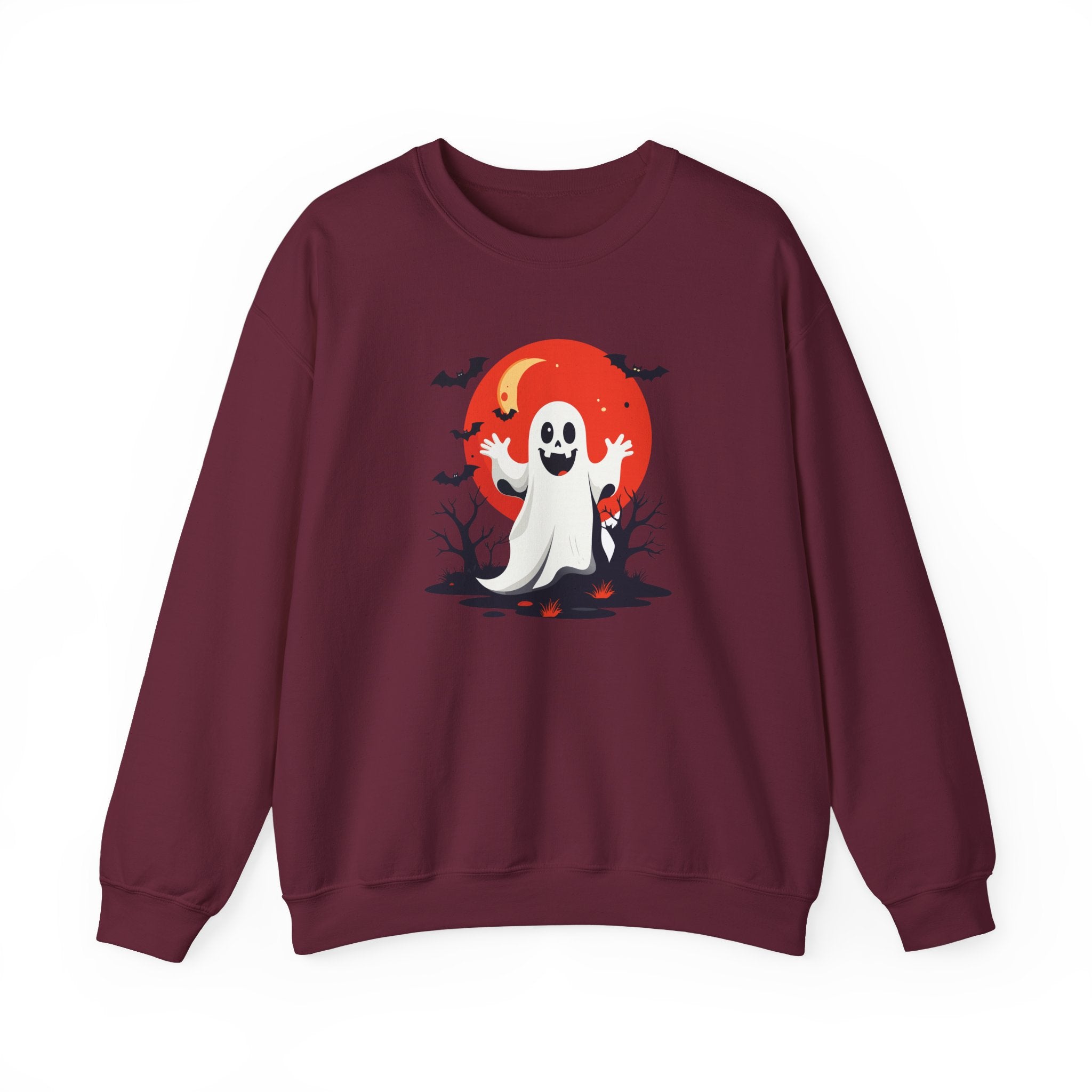 Crewneck Sweatshirt - Cute Ghost & Red Moon Halloween Design