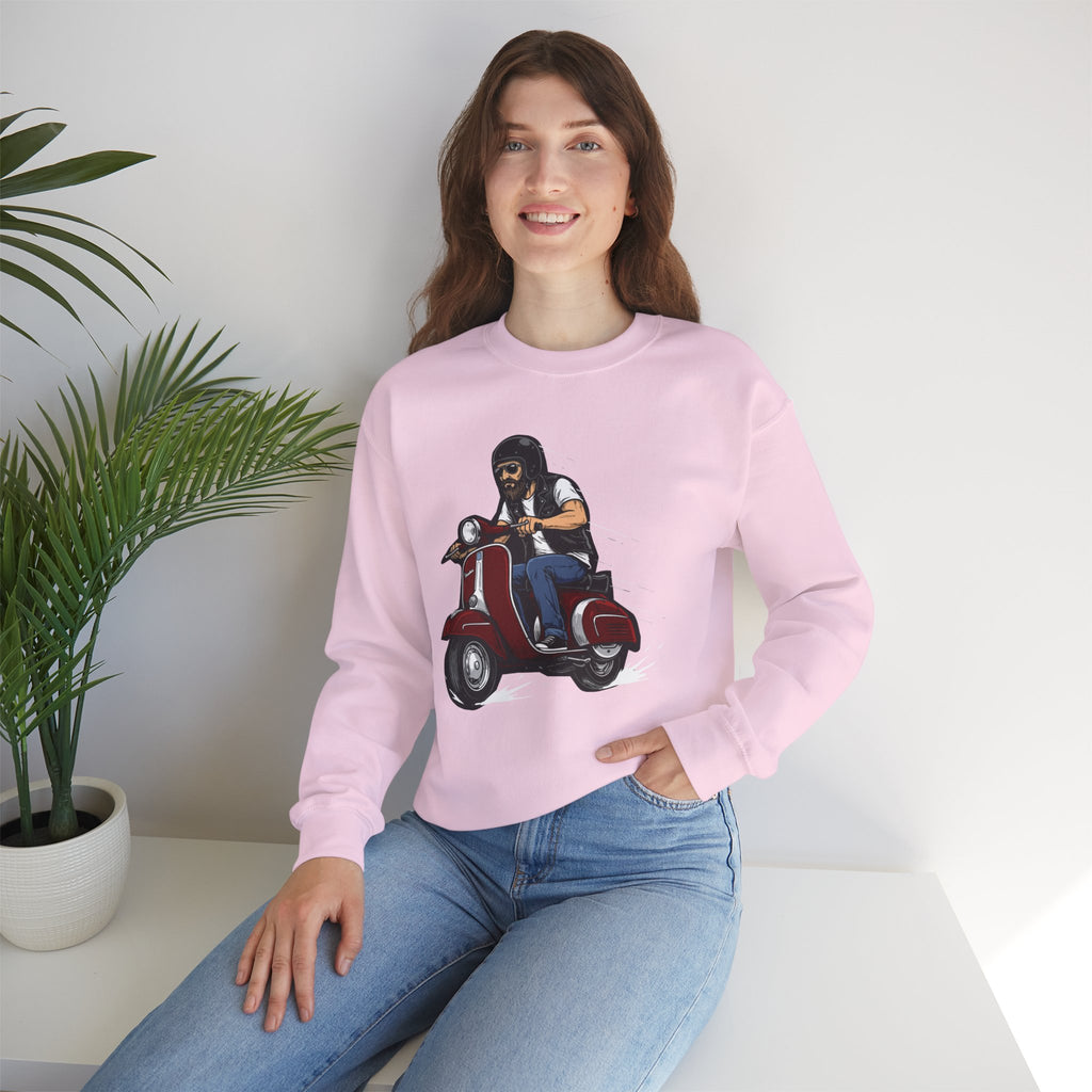 Biker on Red Vespa Sweatshirt Retro Scooter Rider Crewneck