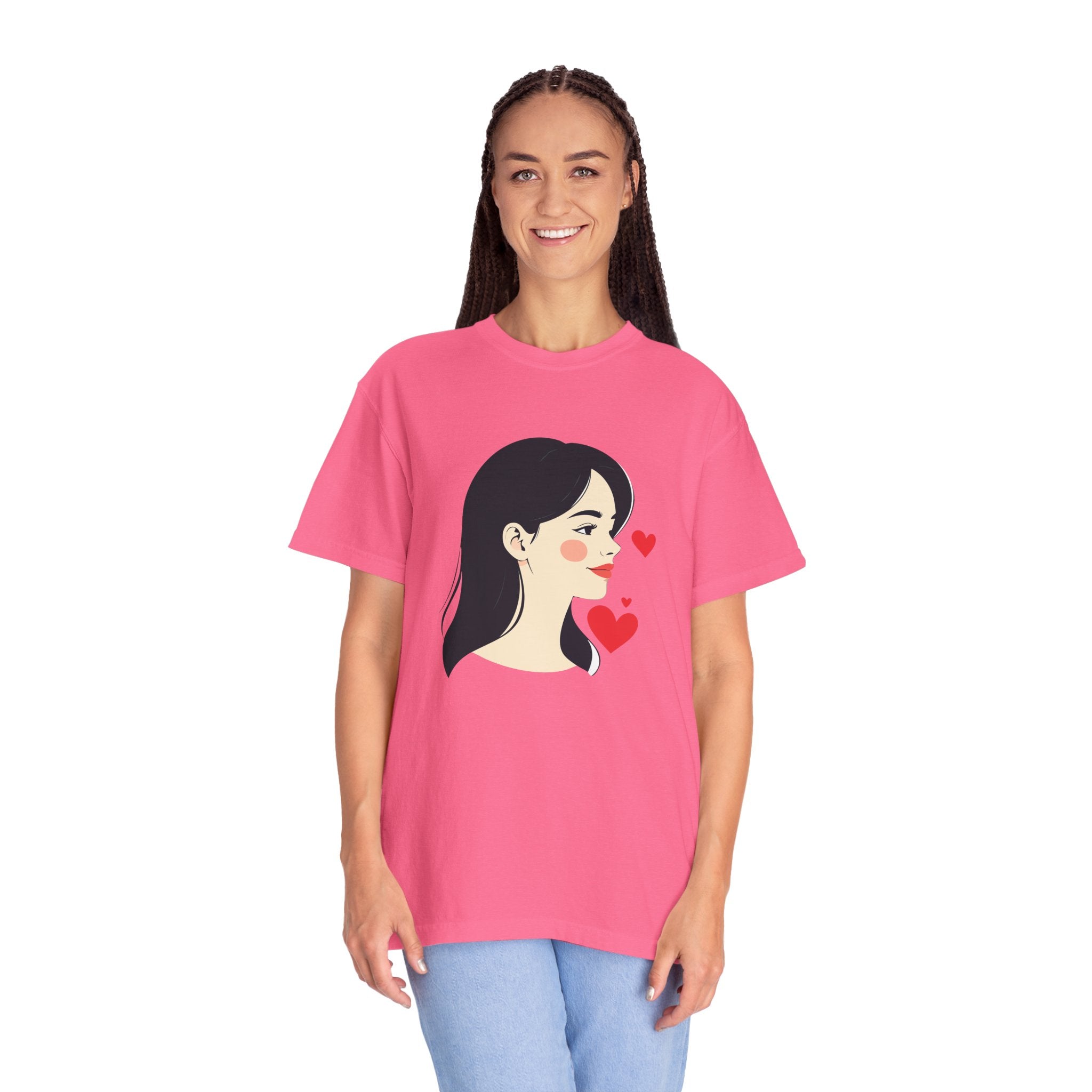 T-Shirt — Minimal Cute Girl Profile with Hearts Graphic