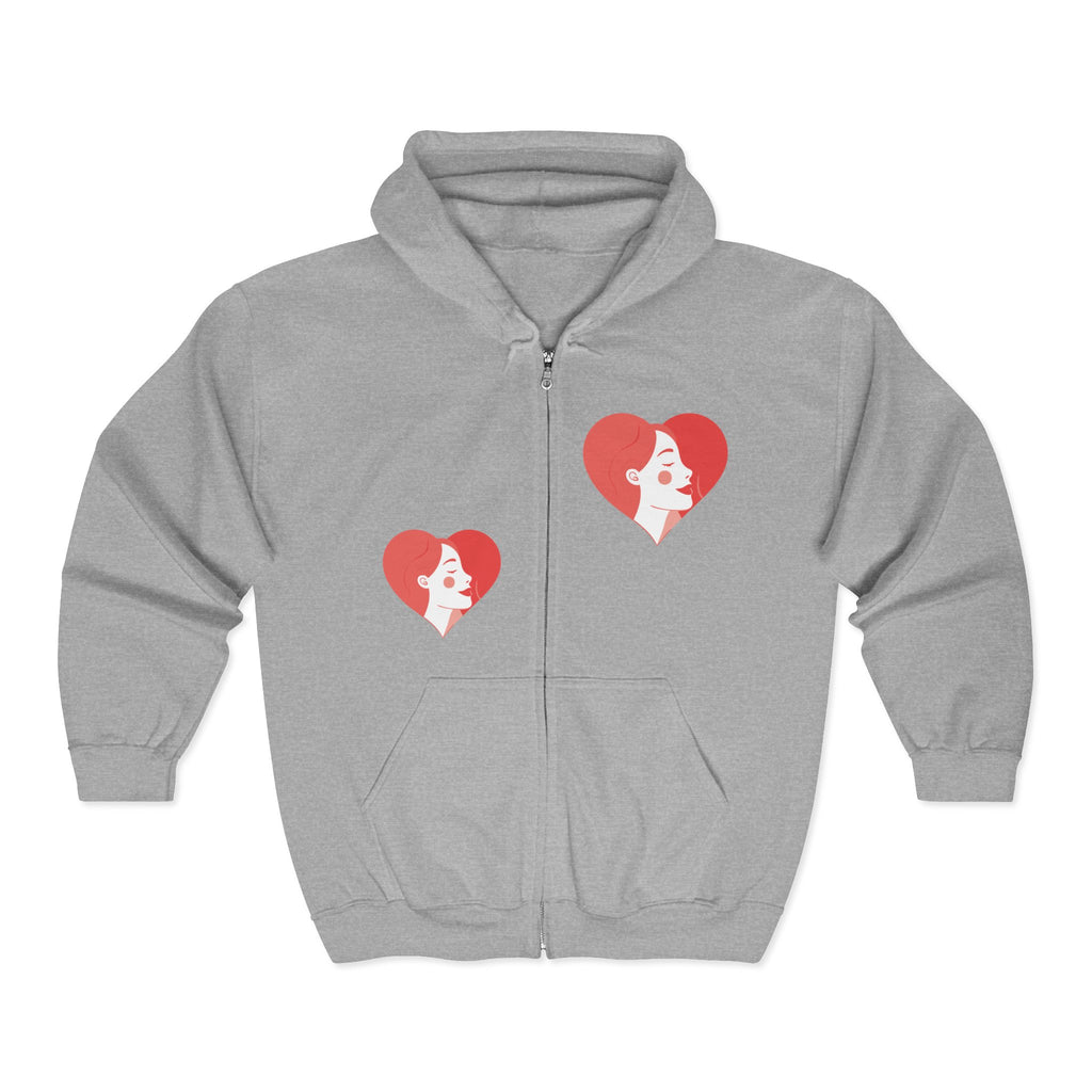 Heart Portrait Zip Hoodie — Retro Woman Profile Valentine Sweatshirt