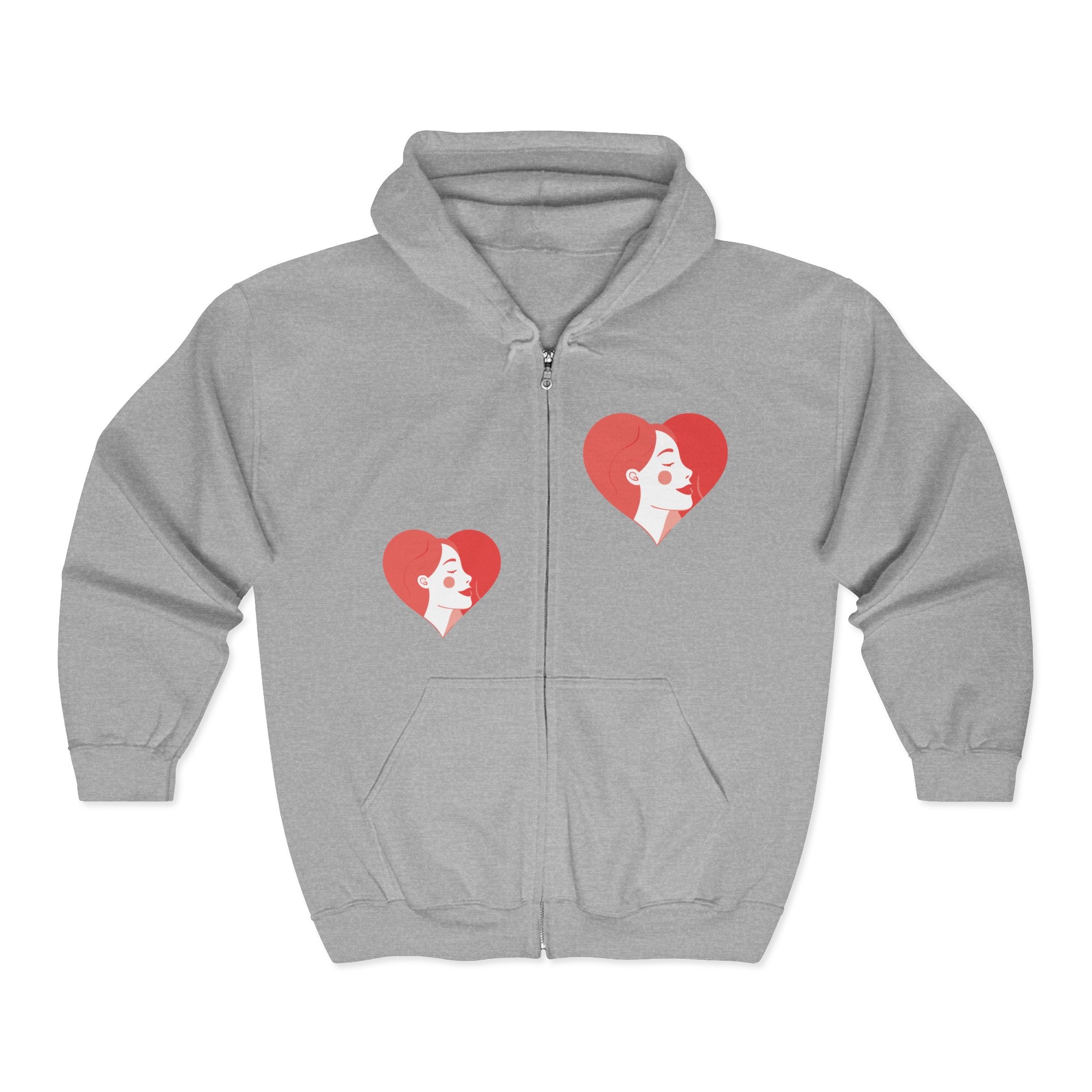 Heart Portrait Zip Hoodie — Retro Woman Profile Valentine Sweatshirt