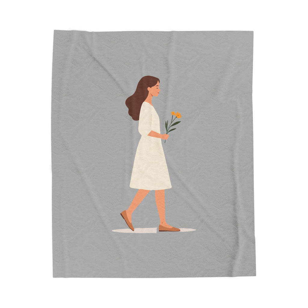 Minimalist Woman with Flowers Velveteen Plush Blanket Cozy Decorative Throw