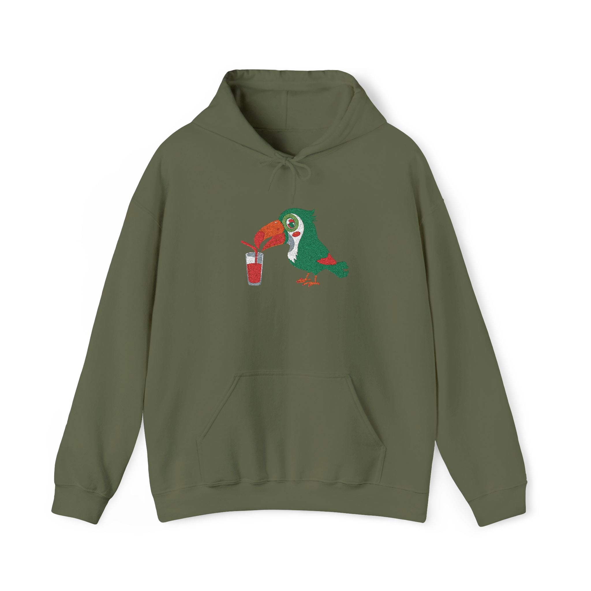 Green hoodie with a cartoon character design on a white background