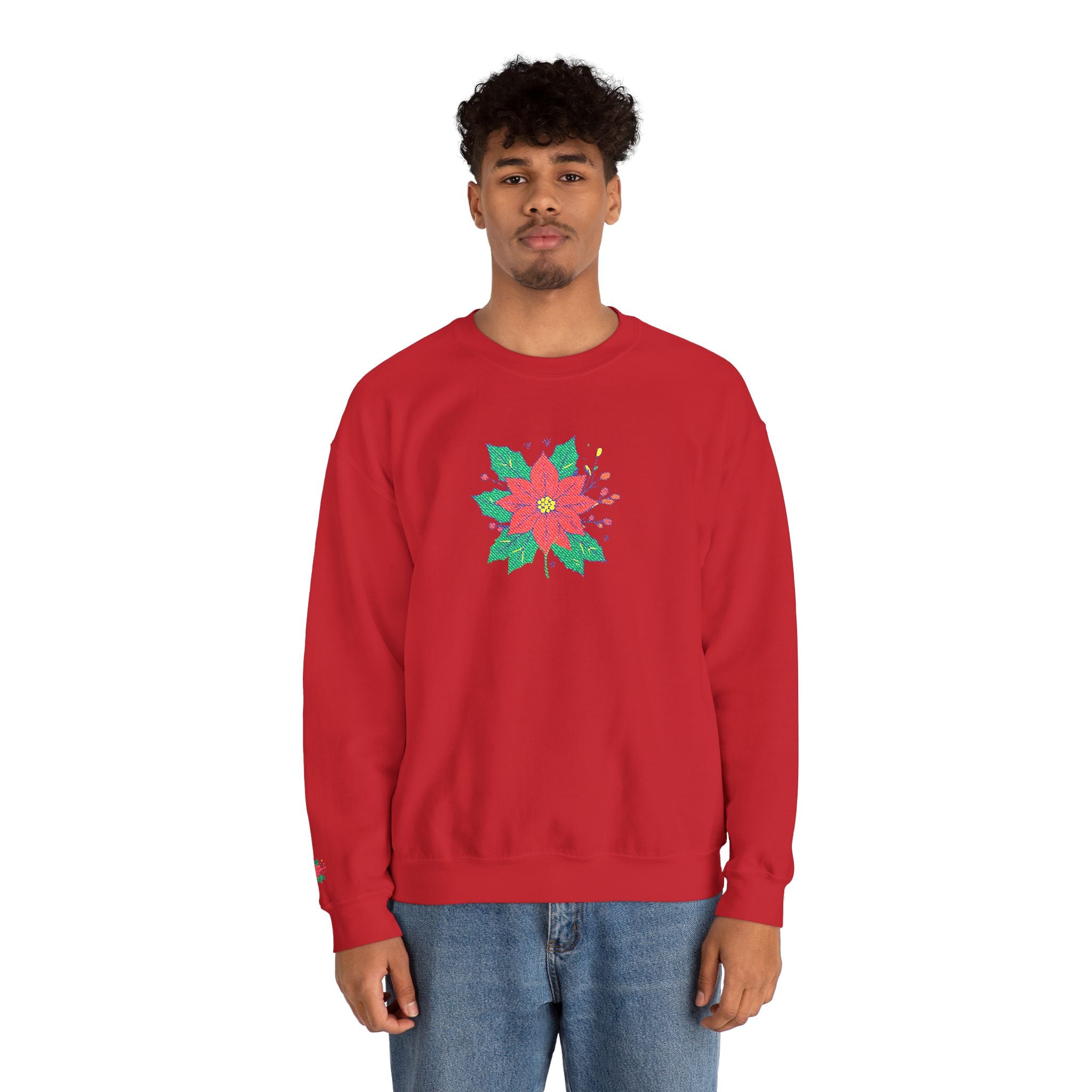 Embroidered Poinsettia Floral Crewneck Sweatshirt Holiday Christmas Sweatshirt
