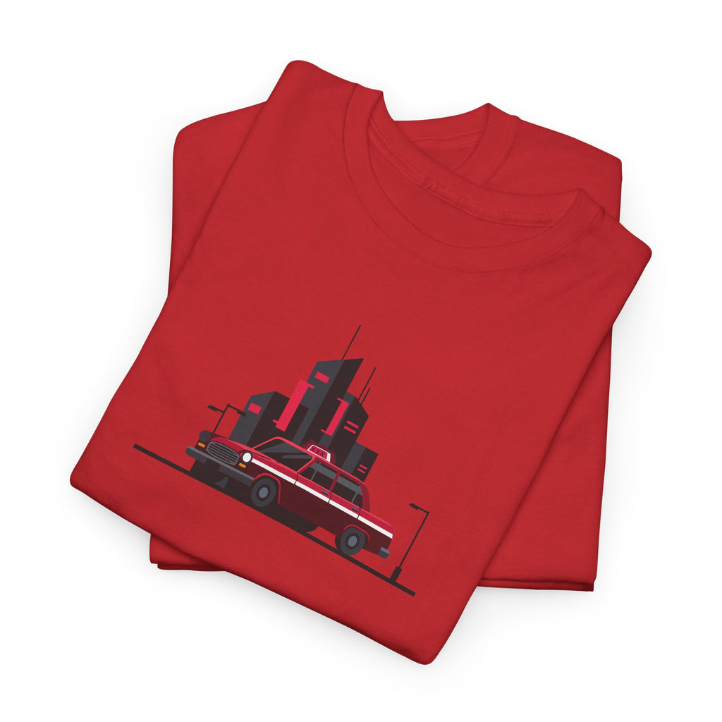 Folded red t-shirt with a black truck graphic on a white background