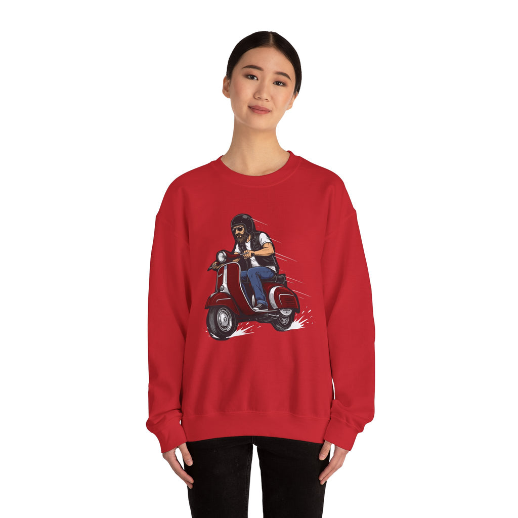 Biker on Red Vespa Sweatshirt Retro Scooter Rider Crewneck