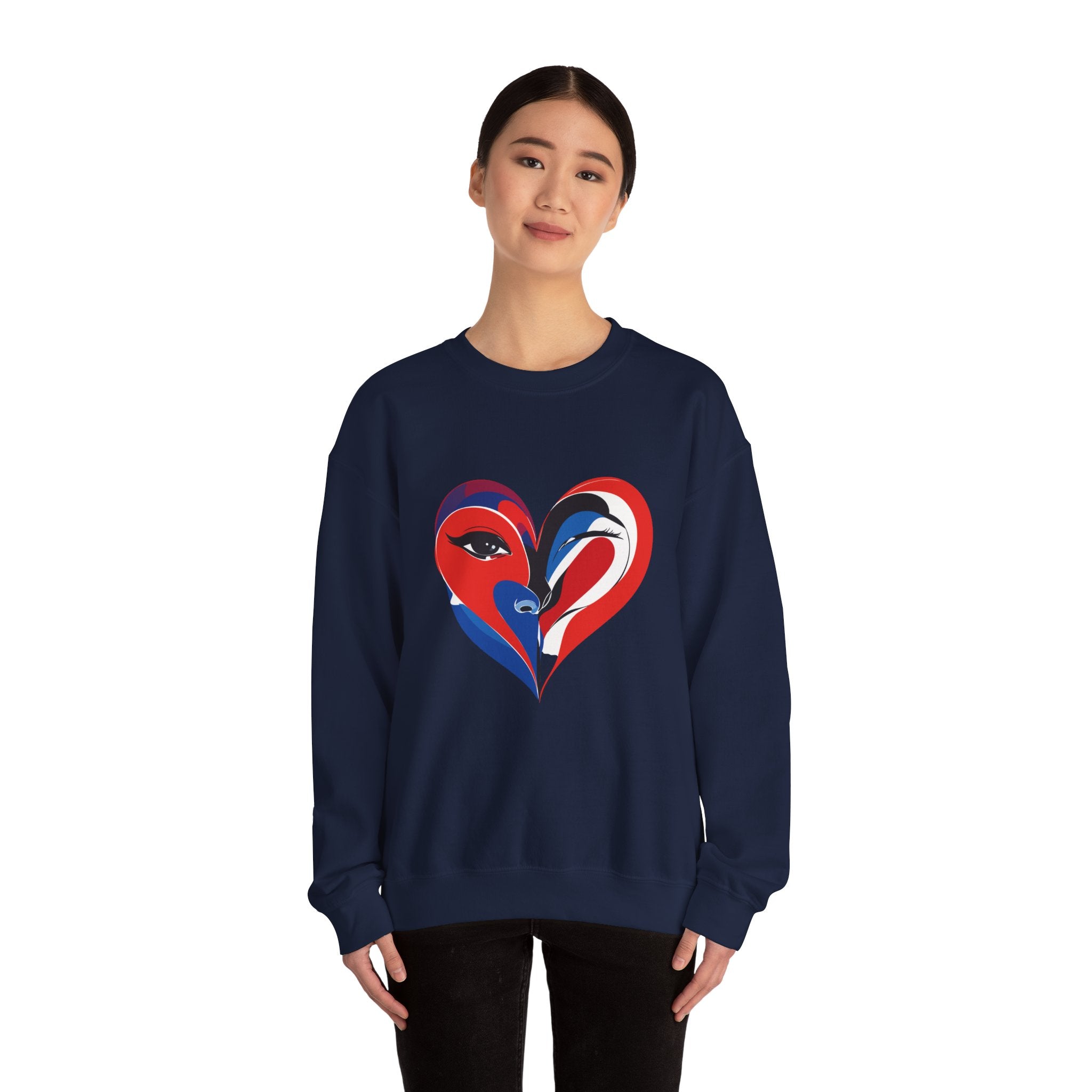Heart Face Crewneck Sweatshirt Abstract Red & Blue Love Graphic