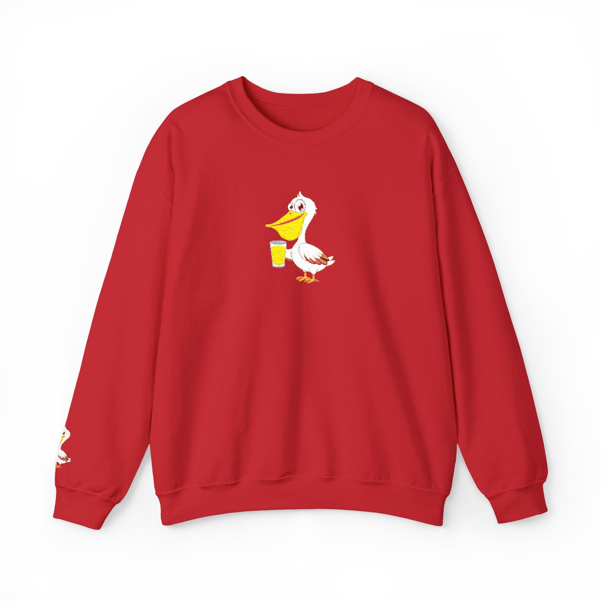 Red sweatshirt with a cartoon duck design on a white background