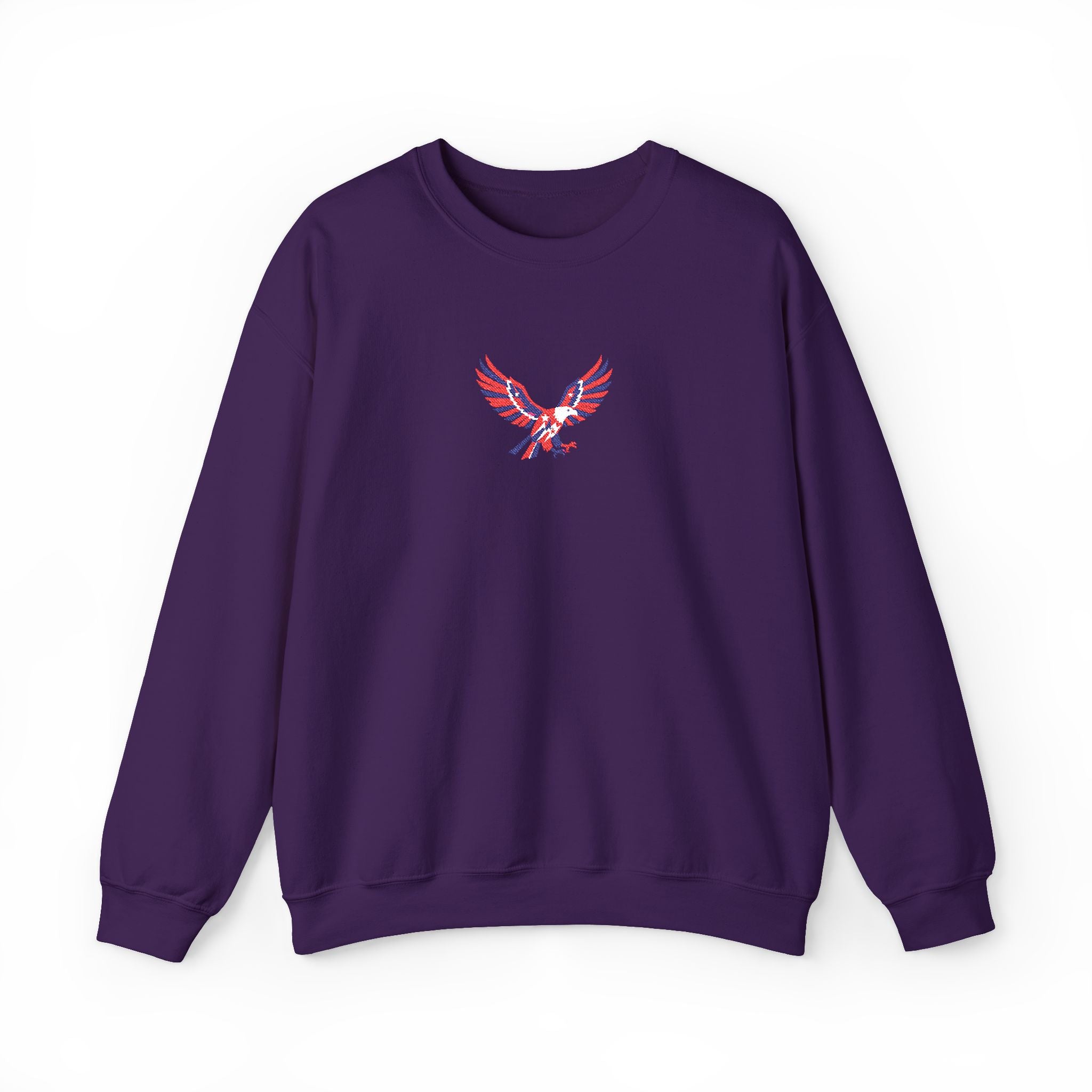 Purple sweatshirt with a white graphic and text on a white background