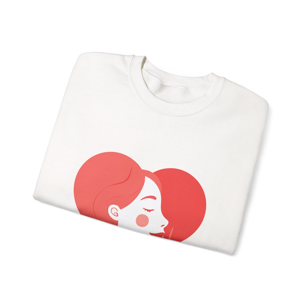 Heart Profile Crewneck Sweatshirt — Minimal Red Heart Portrait Graphic, Women face in Heart