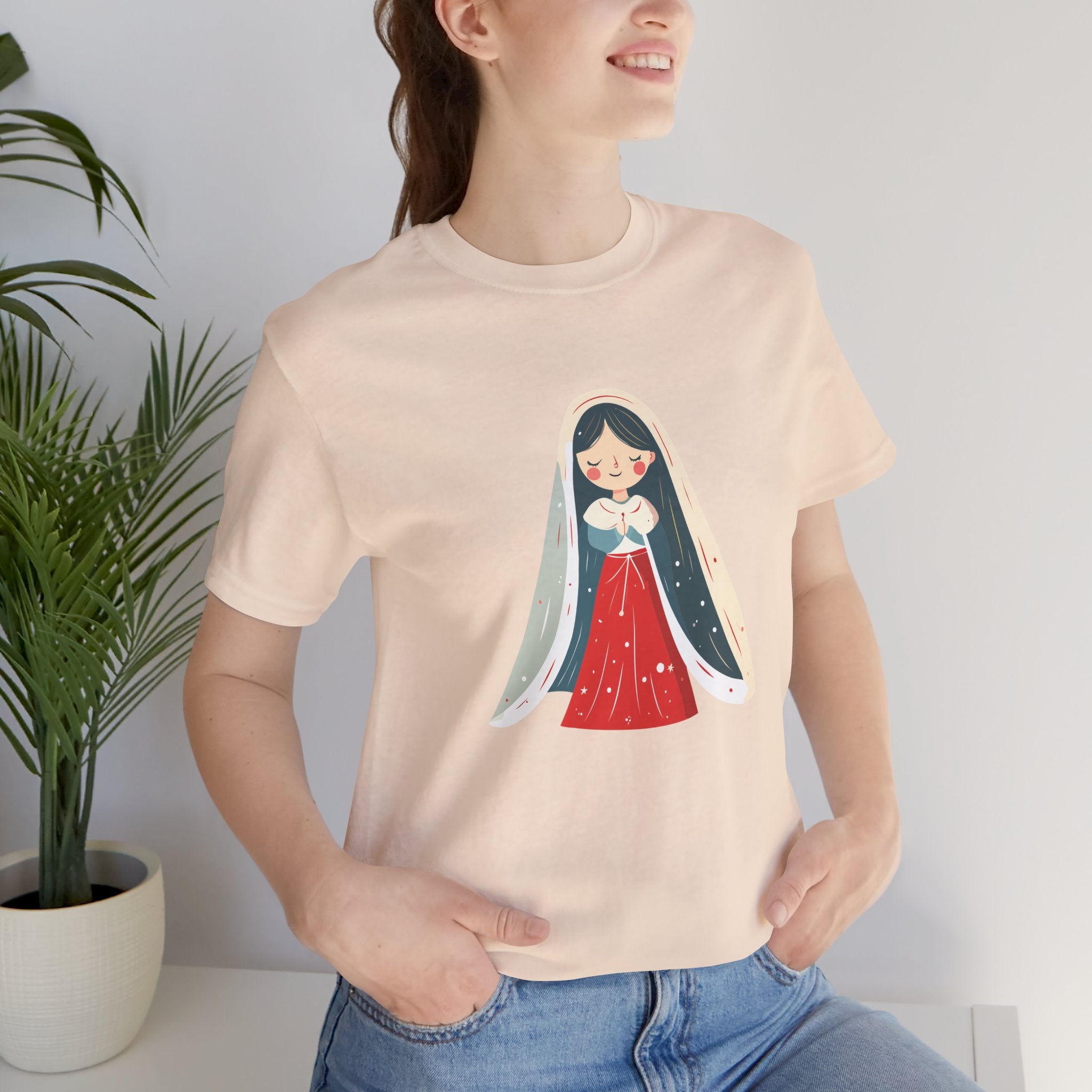 Virgin Mary Illustration Tee — Cute Nativity T-Shirt