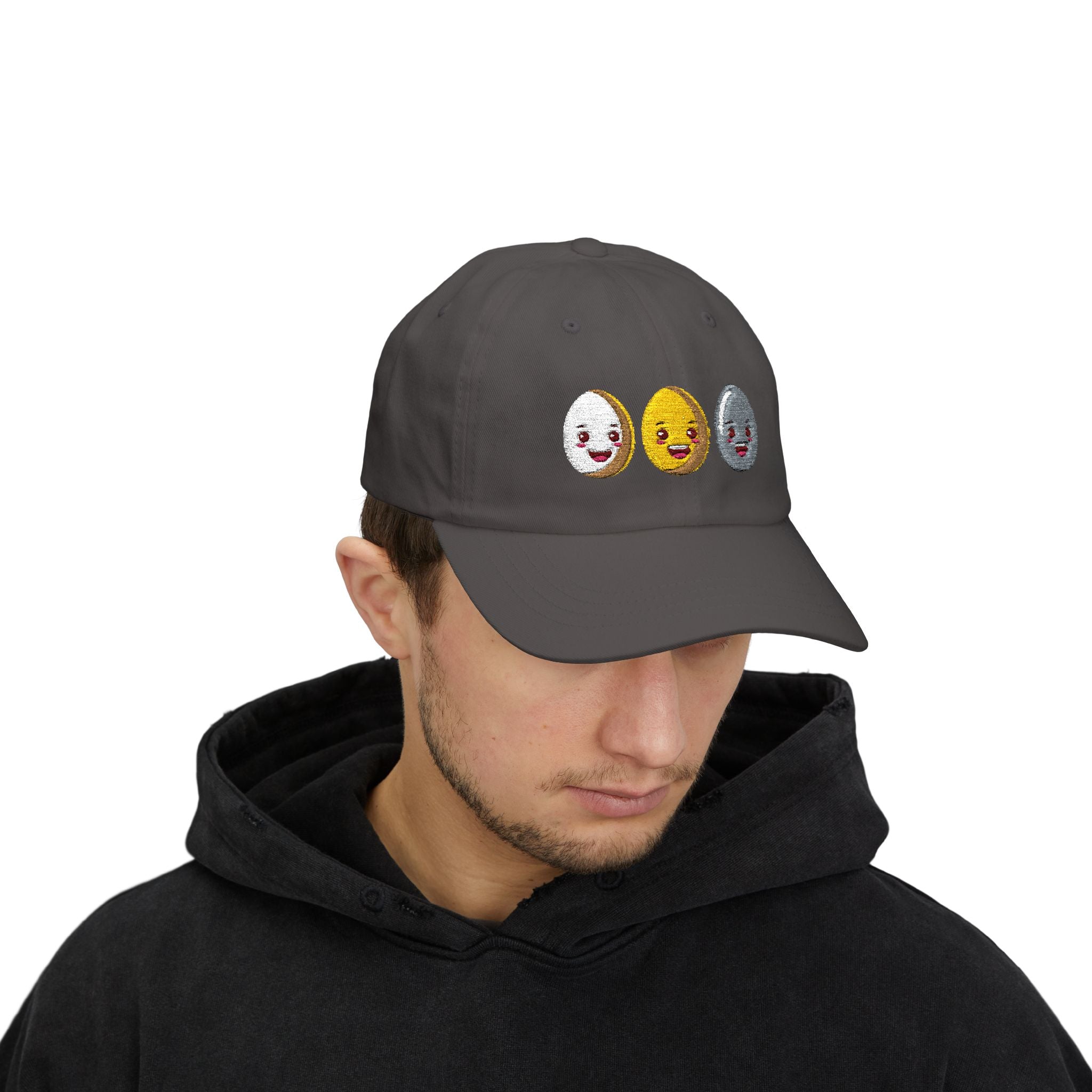 Dad Cap Sequin Egg Trio Embroidered Hat (Cute Breakfast Emoji)