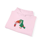 Pink hoodie with a colorful bird design on a white background