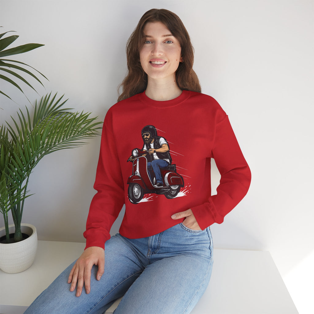 Biker on Red Vespa Sweatshirt Retro Scooter Rider Crewneck