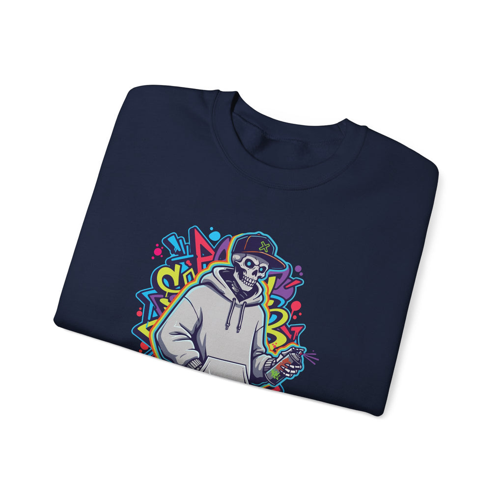 Navy blue sweatshirt with colorful graphic design on a white background