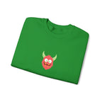 Green t-shirt with a red monster design on a white background