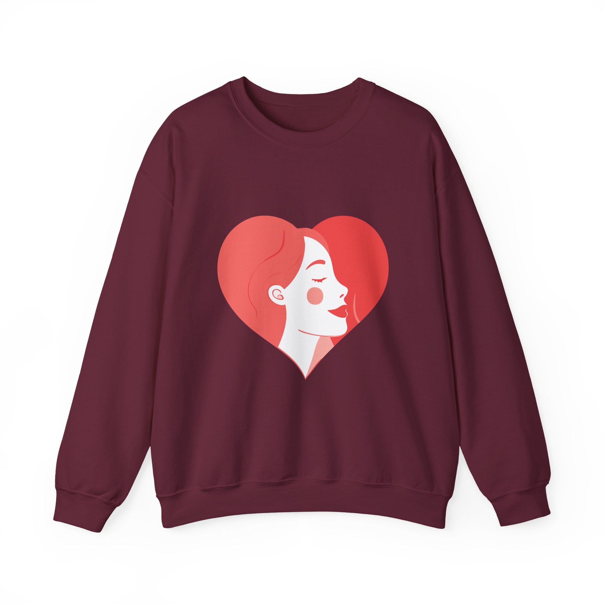 Heart Profile Crewneck Sweatshirt — Minimal Red Heart Portrait Graphic, Women face in Heart