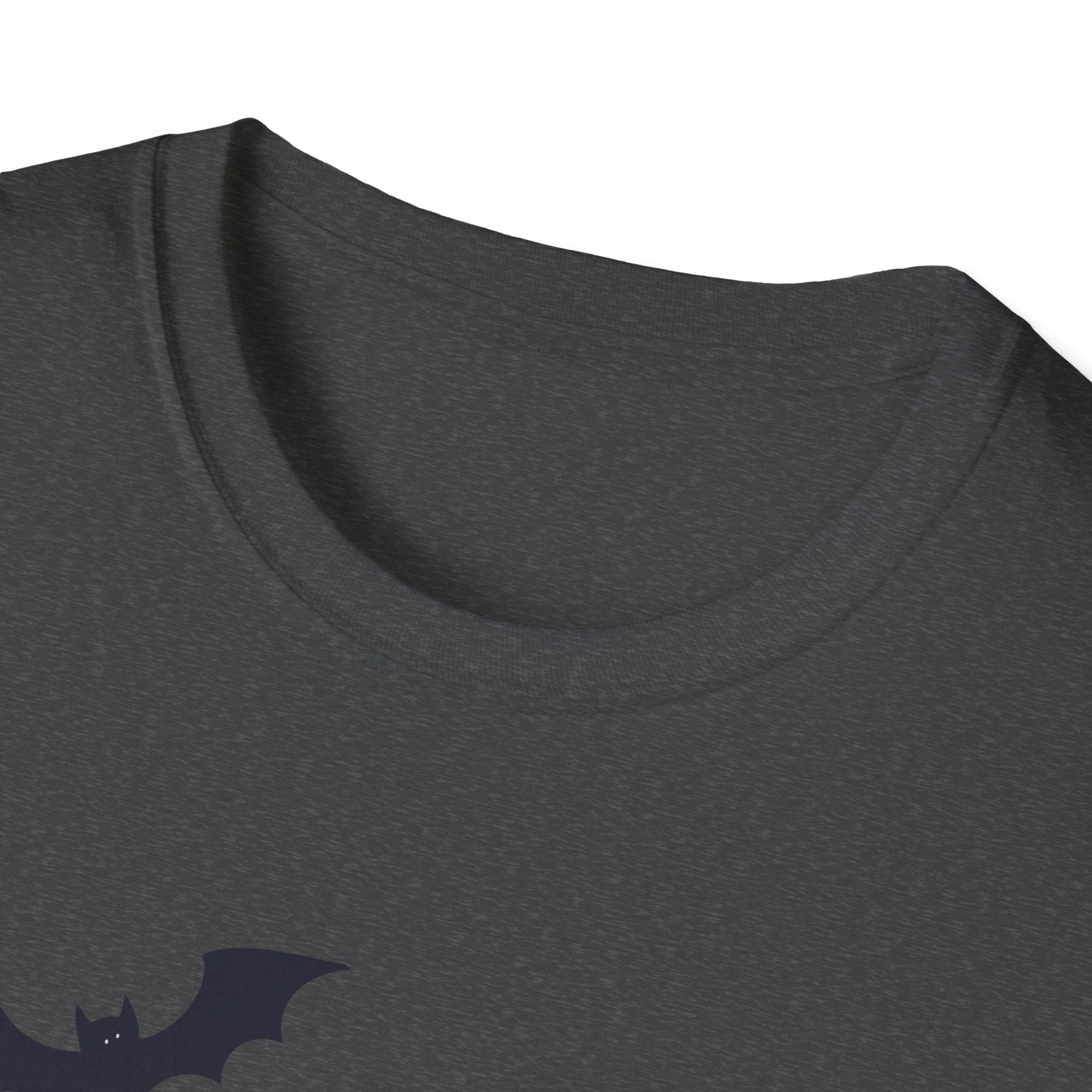 Dark gray t-shirt with a small bat silhouette on a white background