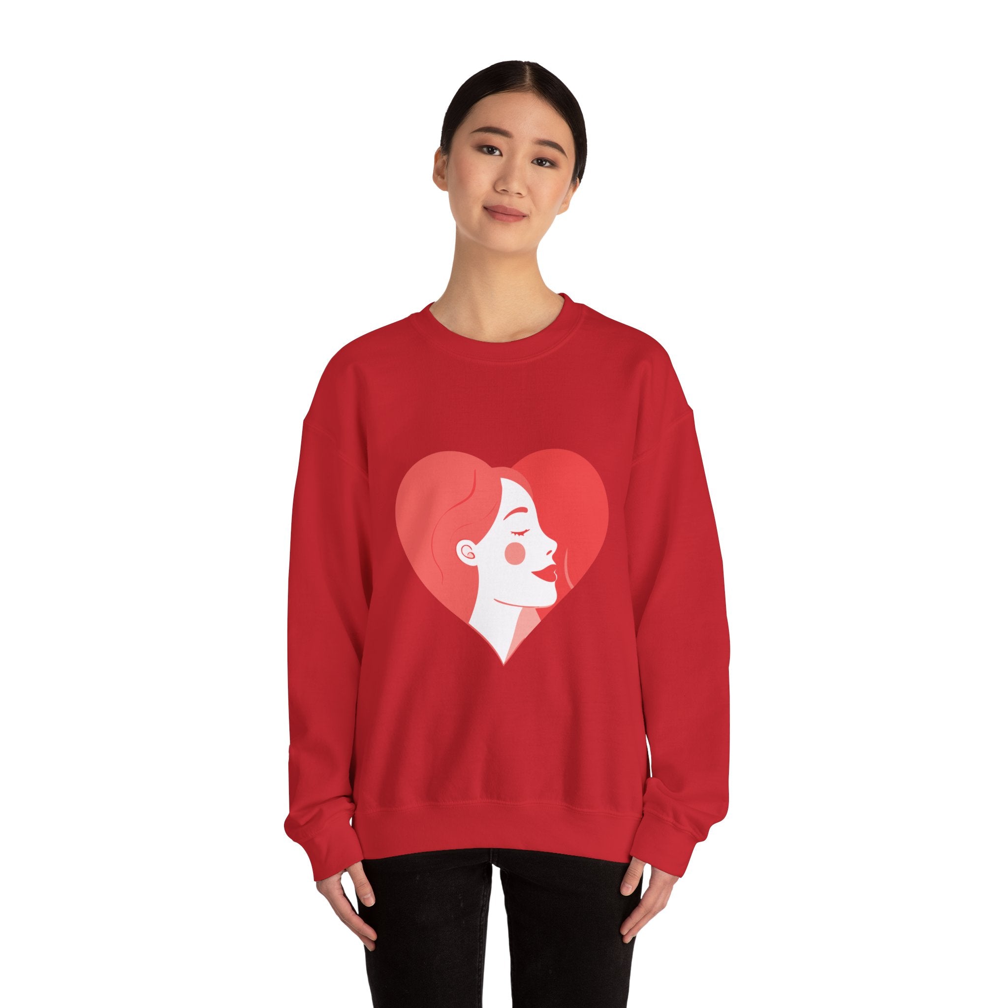 Heart Profile Crewneck Sweatshirt — Minimal Red Heart Portrait Graphic, Women face in Heart