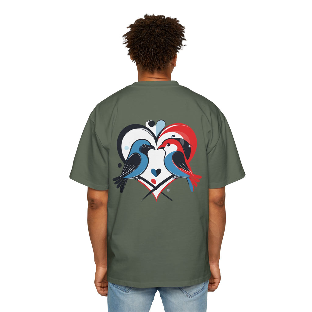 Person wearing a green t-shirt with a graphic design on the back, standing against a white background