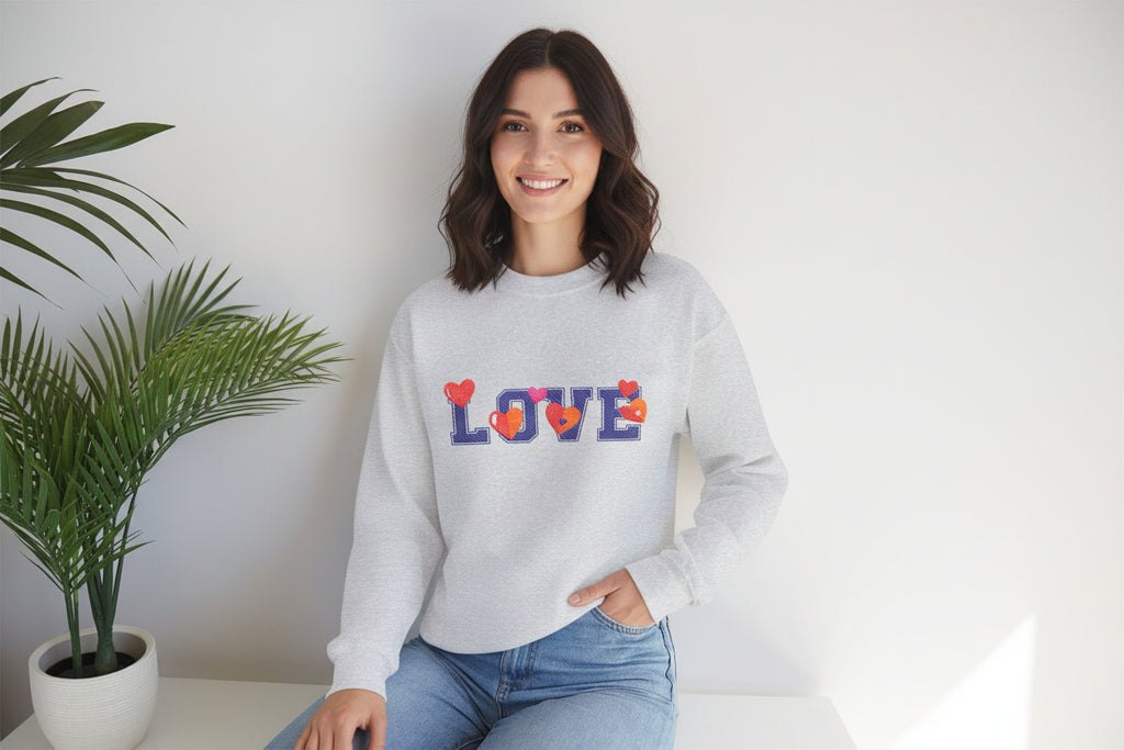 Woman wearing a gray sweatshirt with 'LOVE' printed on it, sitting in a room with a plant.