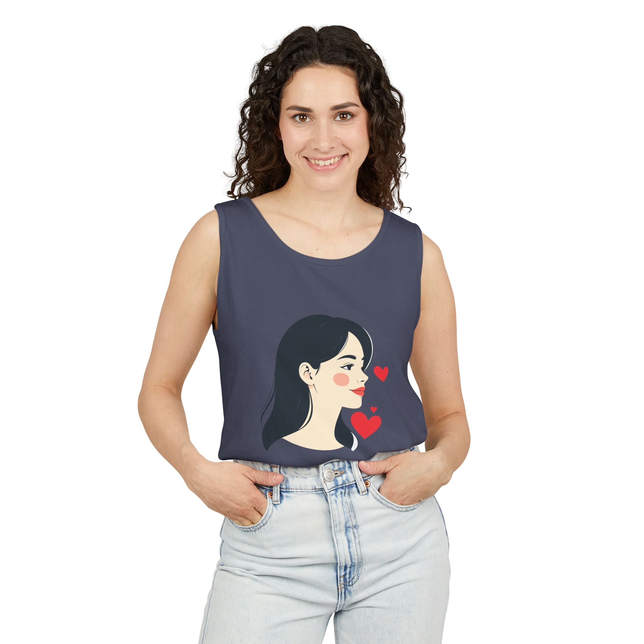 Kawaii Girl Portrait Tank Top Cute Heart Illustration Graphic Tank