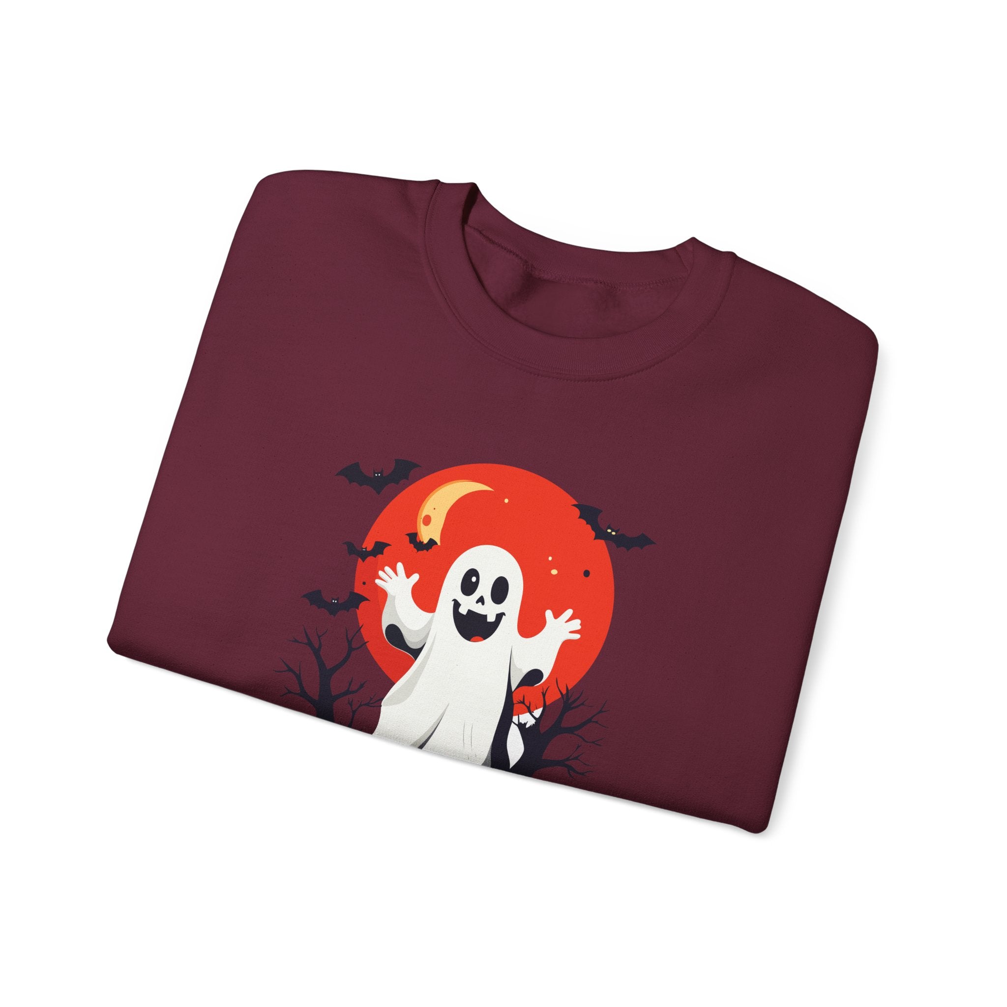 Crewneck Sweatshirt - Cute Ghost & Red Moon Halloween Design