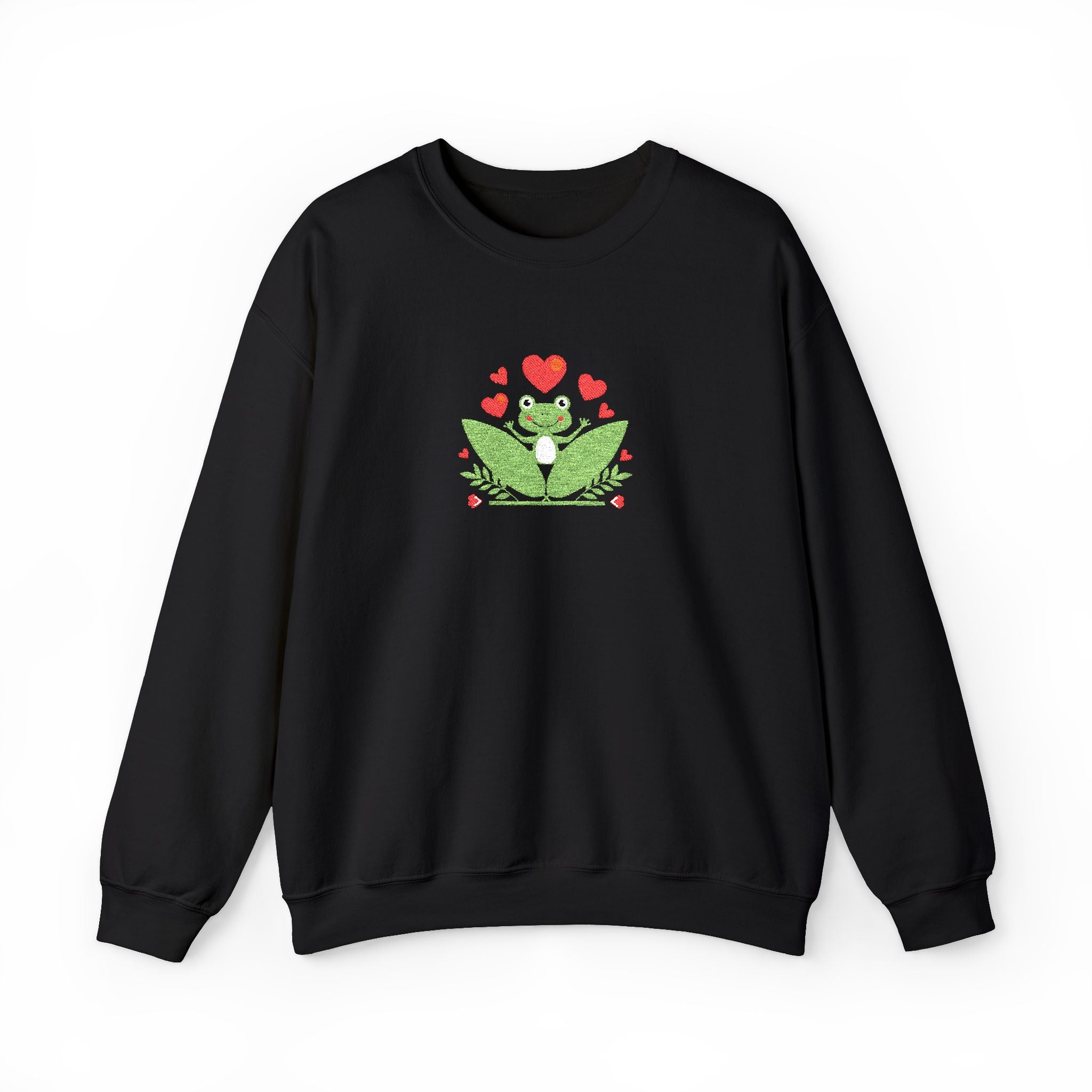 Black sweatshirt with a frog graphic and hearts on a white background