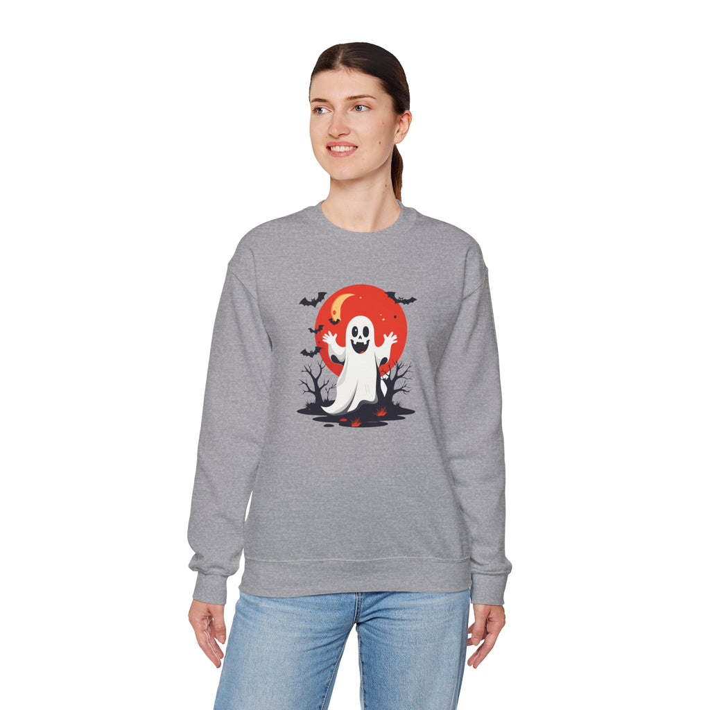 Crewneck Sweatshirt - Cute Ghost & Red Moon Halloween Design