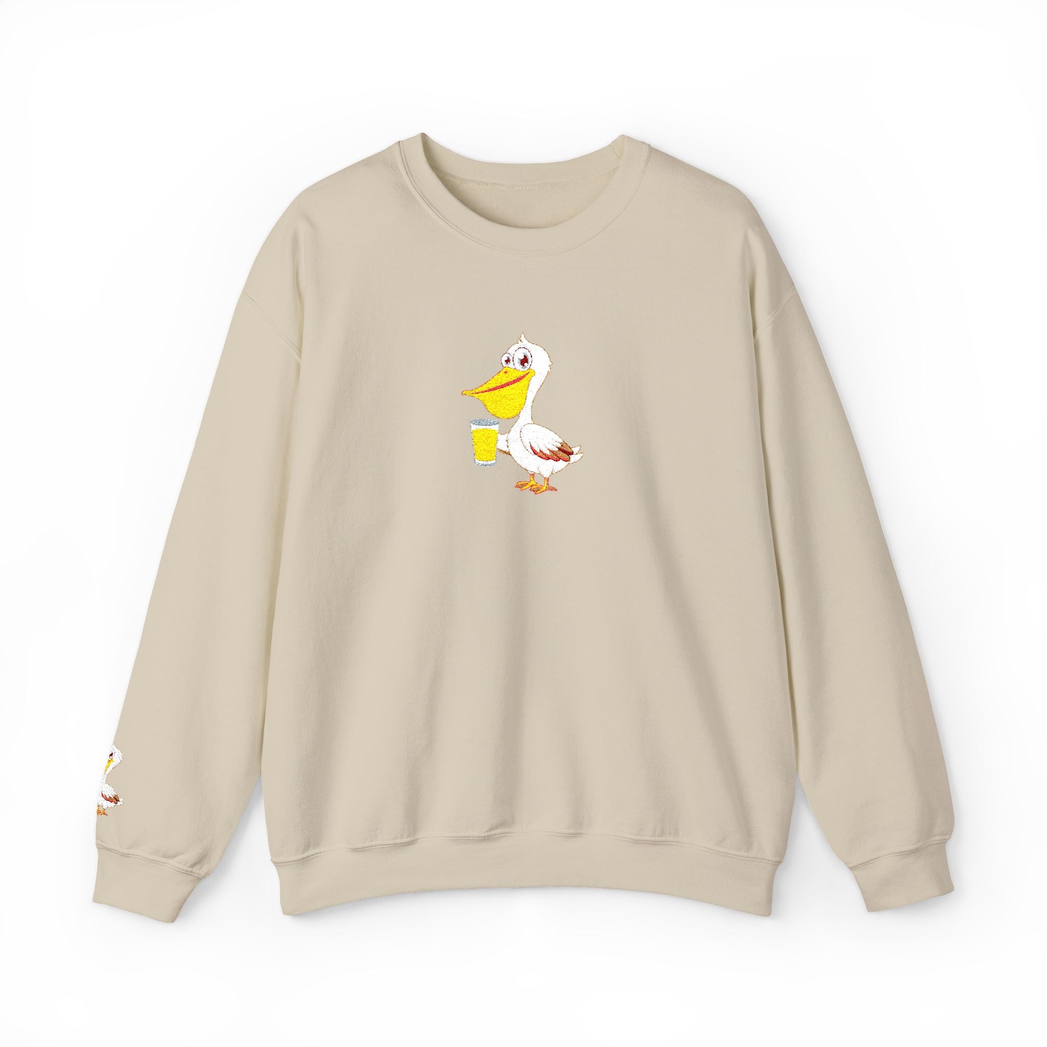 Beige sweatshirt with a cartoon pelican design on a white background