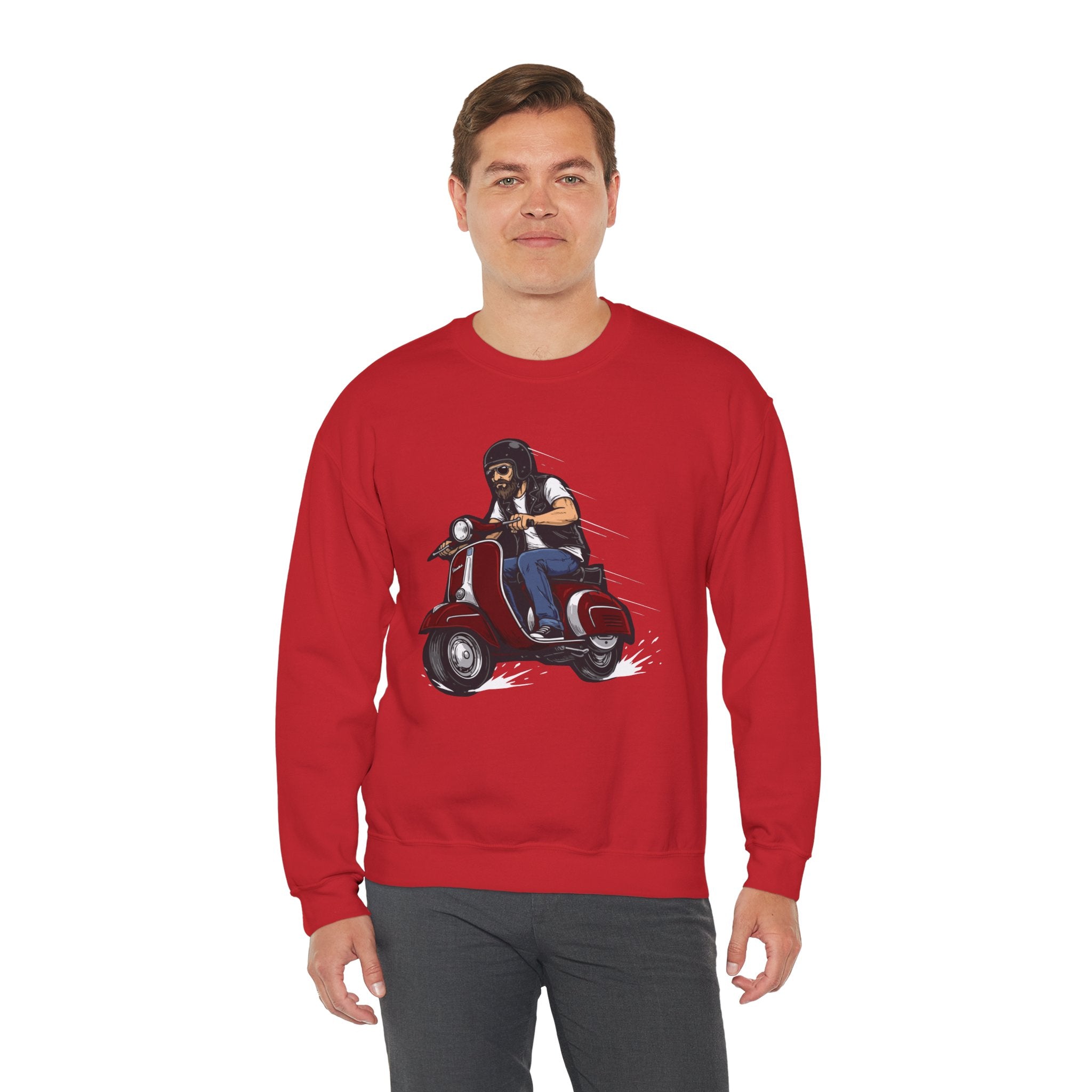 Biker on Red Vespa Sweatshirt Retro Scooter Rider Crewneck