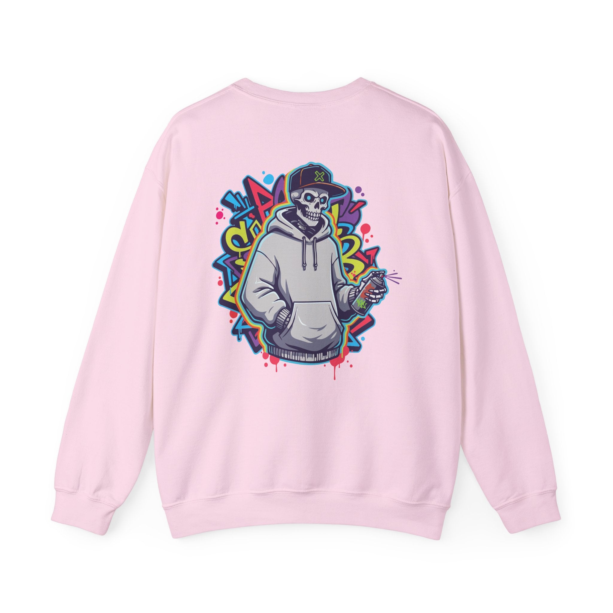 Pink sweatshirt with a colorful graphic of a skeleton wearing a hoodie on the back, on a white background.