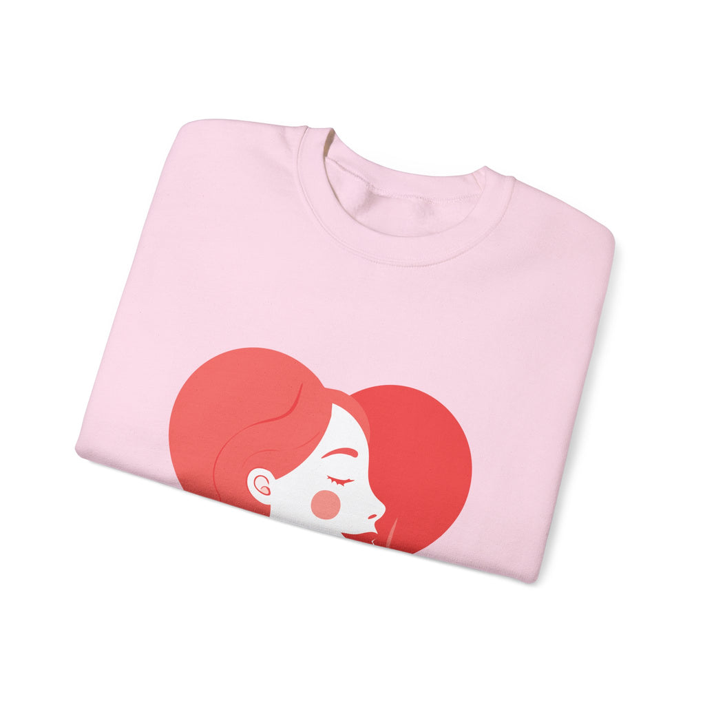 Heart Profile Crewneck Sweatshirt — Minimal Red Heart Portrait Graphic, Women face in Heart