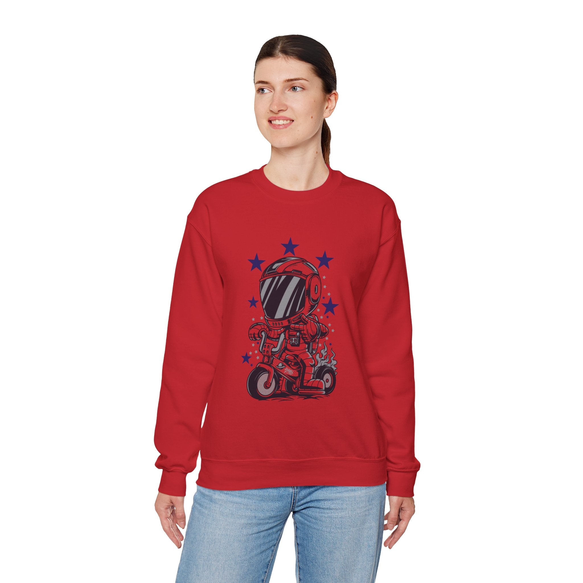 Astronaut Riding Scooter Crewneck Sweatshirt Retro Space Biker Graphic