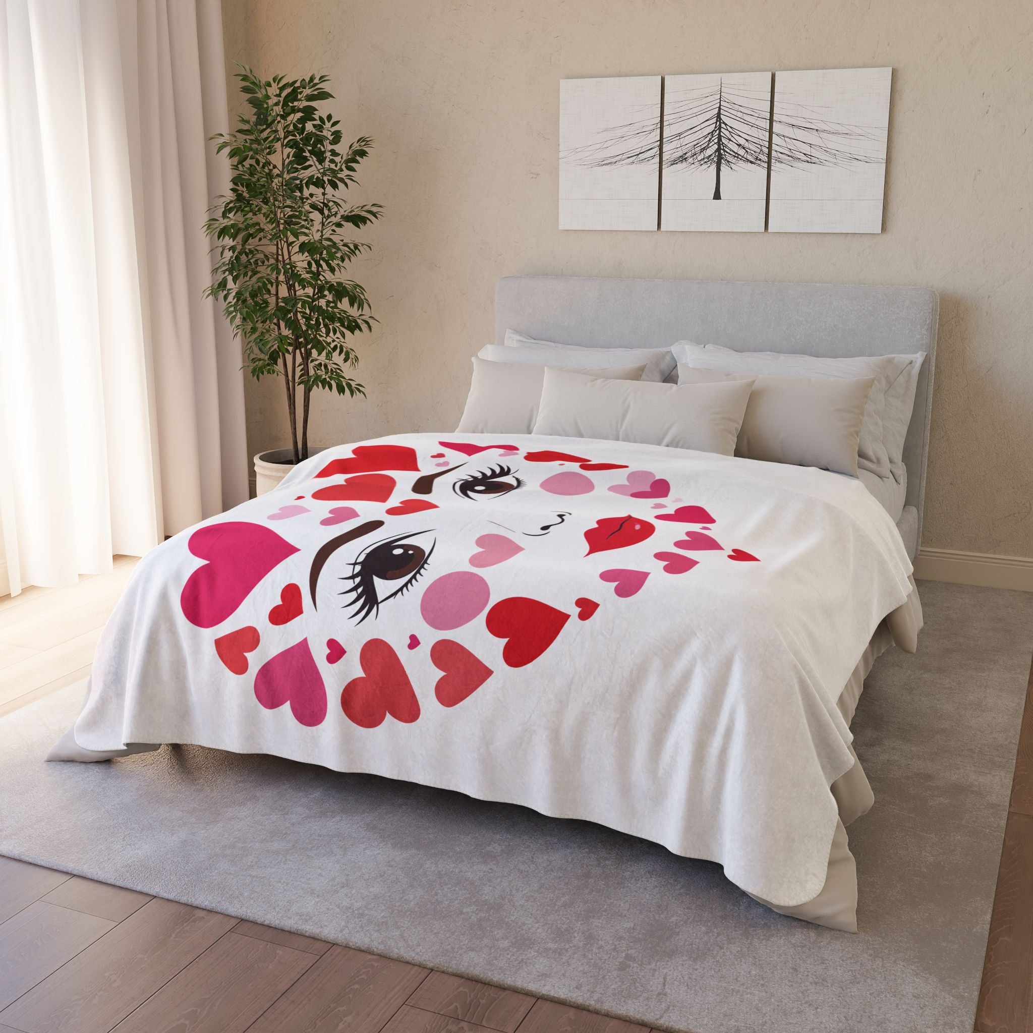 Valentine Heart Face Sherpa Blanket Cozy Fleece Throw for Gifts & Home