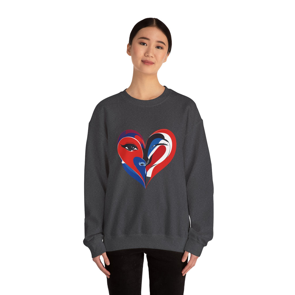Heart Face Crewneck Sweatshirt Abstract Red & Blue Love Graphic