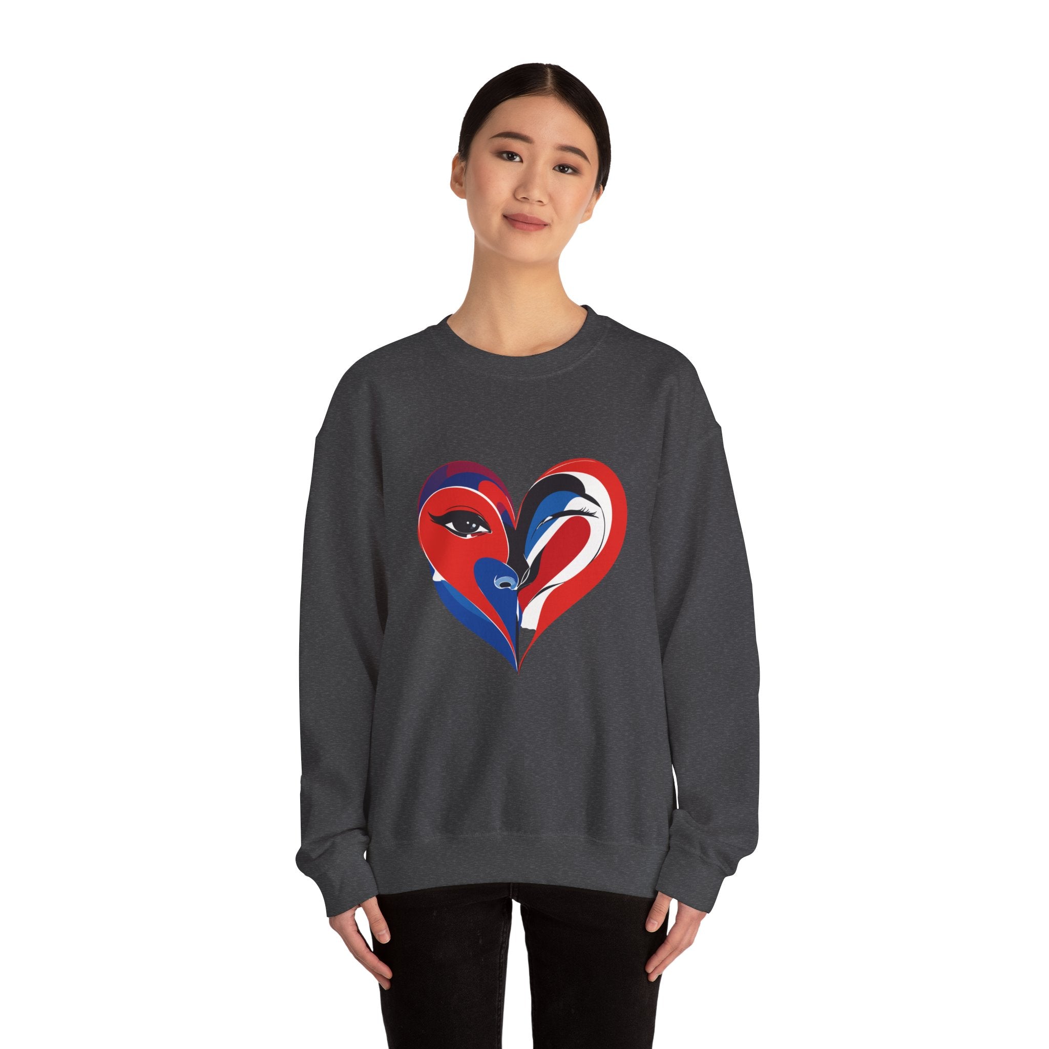 Heart Face Crewneck Sweatshirt Abstract Red & Blue Love Graphic