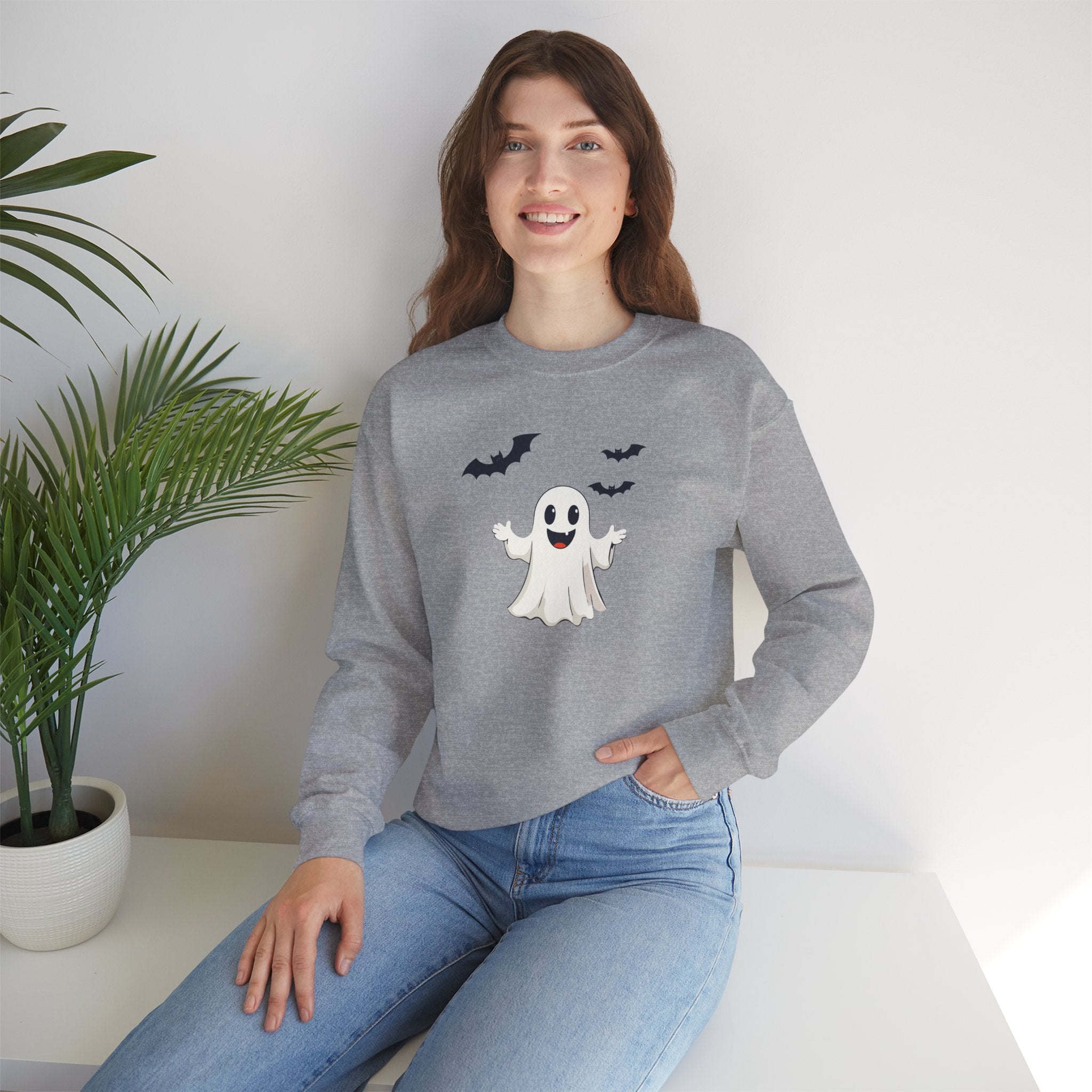 Halloween Ghost Crewneck Sweatshirt Cute Boo Ghost & Bats Cozy Pullover