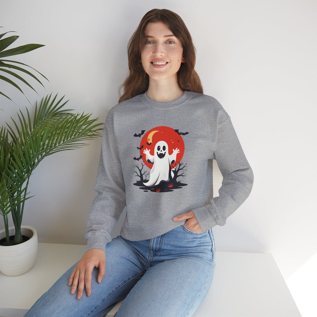 Crewneck Sweatshirt - Cute Ghost & Red Moon Halloween Design