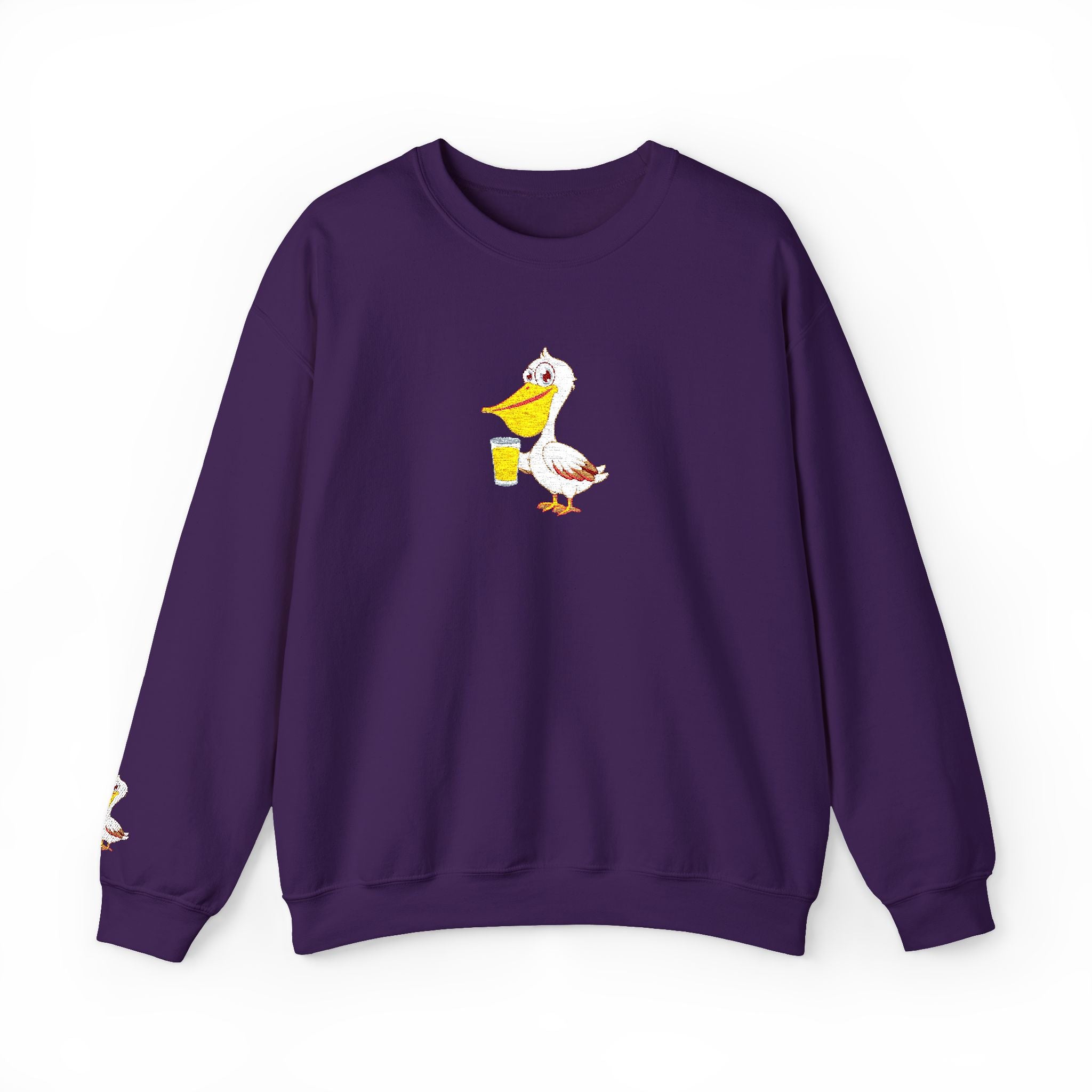 Purple sweatshirt with a cartoon duck design on a white background