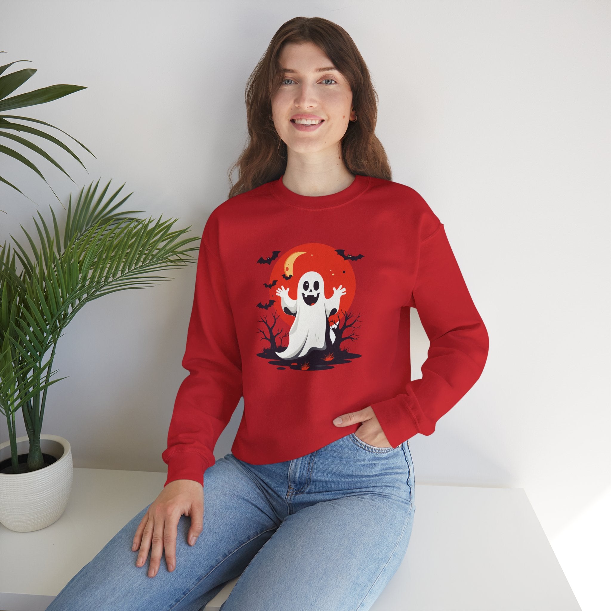 Crewneck Sweatshirt - Cute Ghost & Red Moon Halloween Design