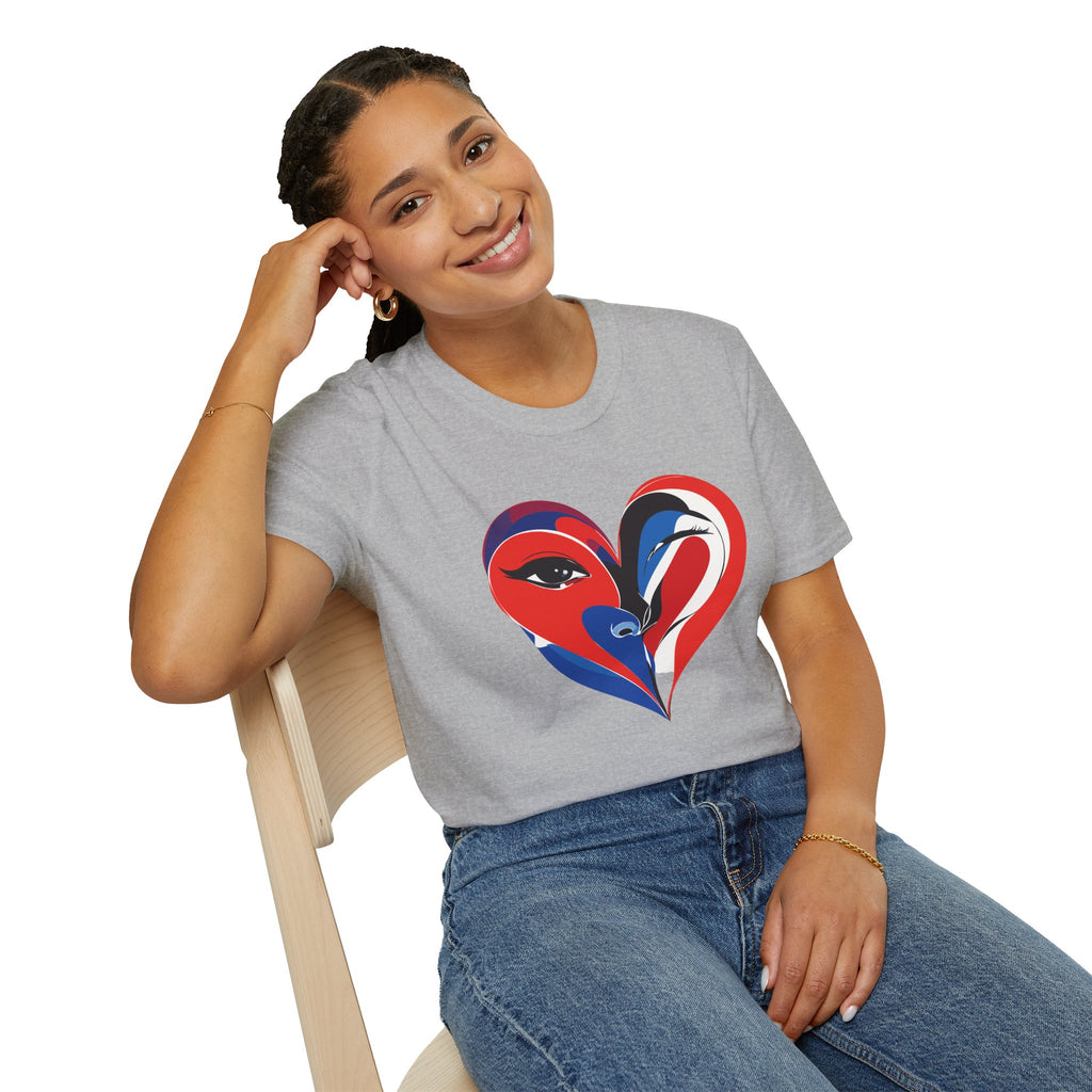 Heart Face Graphic T‑Shirt Red & Blue Abstract Love Design