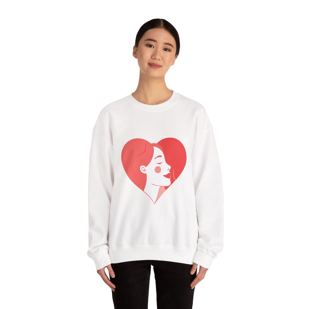 Heart Profile Crewneck Sweatshirt — Minimal Red Heart Portrait Graphic, Women face in Heart