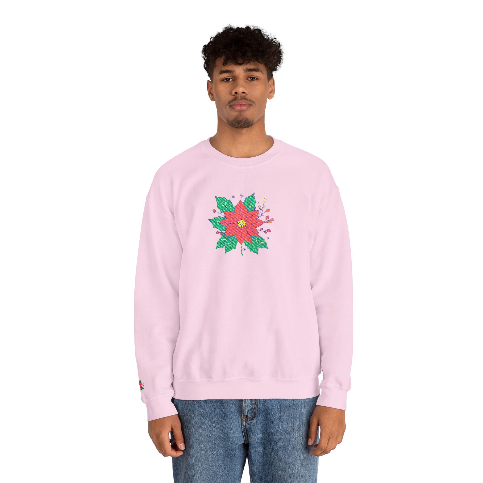 Embroidered Poinsettia Floral Crewneck Sweatshirt Holiday Christmas Sweatshirt