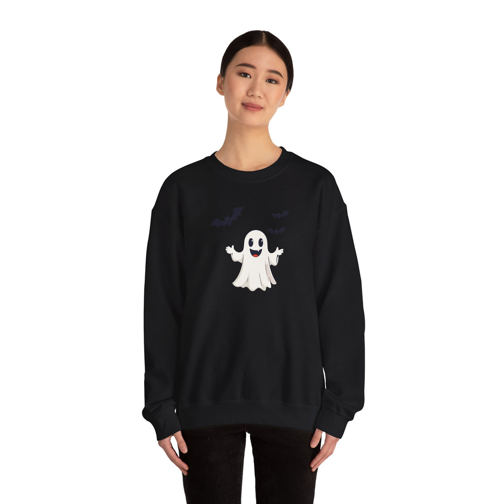 Halloween Ghost Crewneck Sweatshirt Cute Boo Ghost & Bats Cozy Pullover