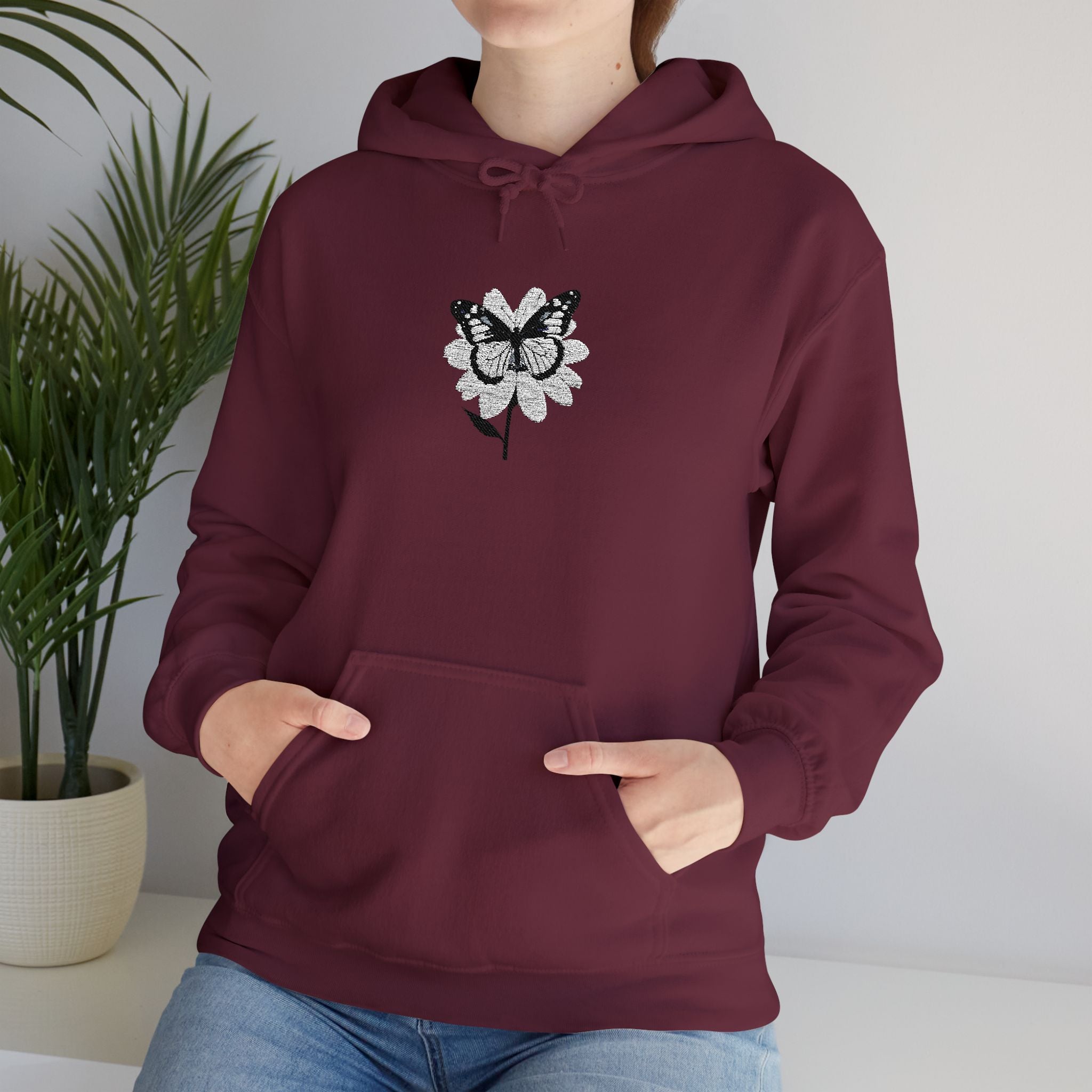 Embroidered Floral Butterfly Hoodie Monochrome Rose & Butterfly Graphic Sweatshirt